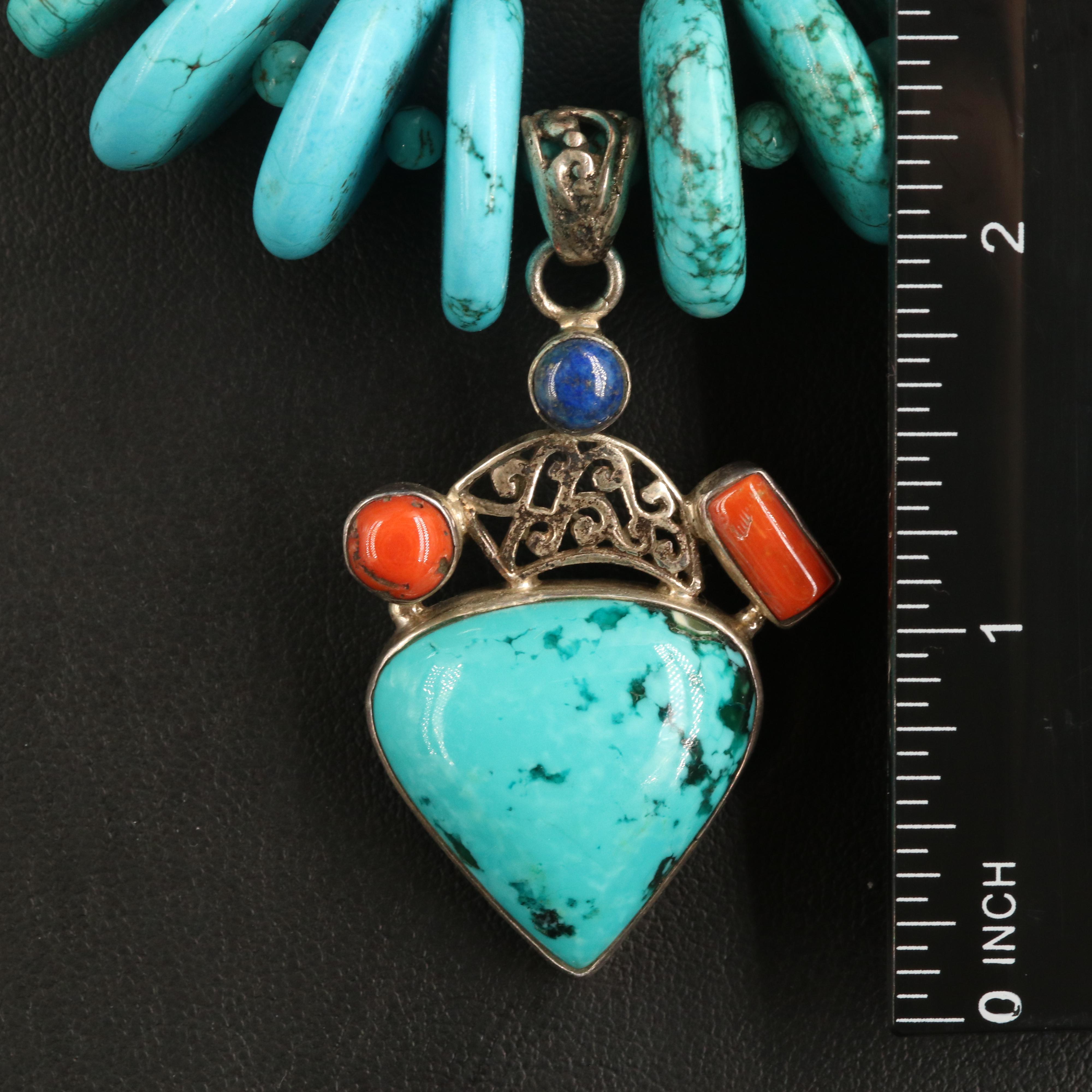 Sterling Graduated Necklace Including Magnesite, Coral and Lapis Lazuli
