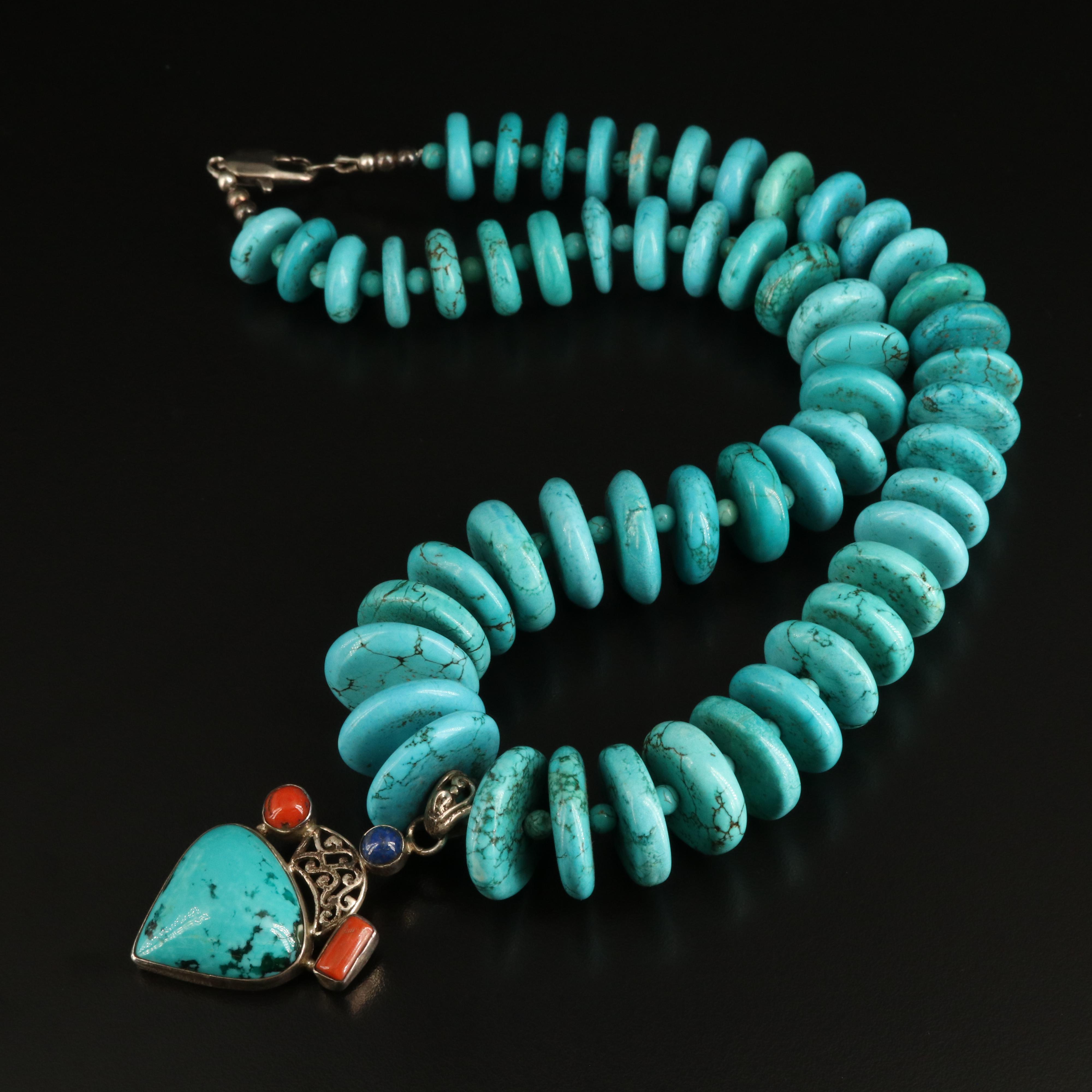 Sterling Graduated Necklace Including Magnesite, Coral and Lapis Lazuli