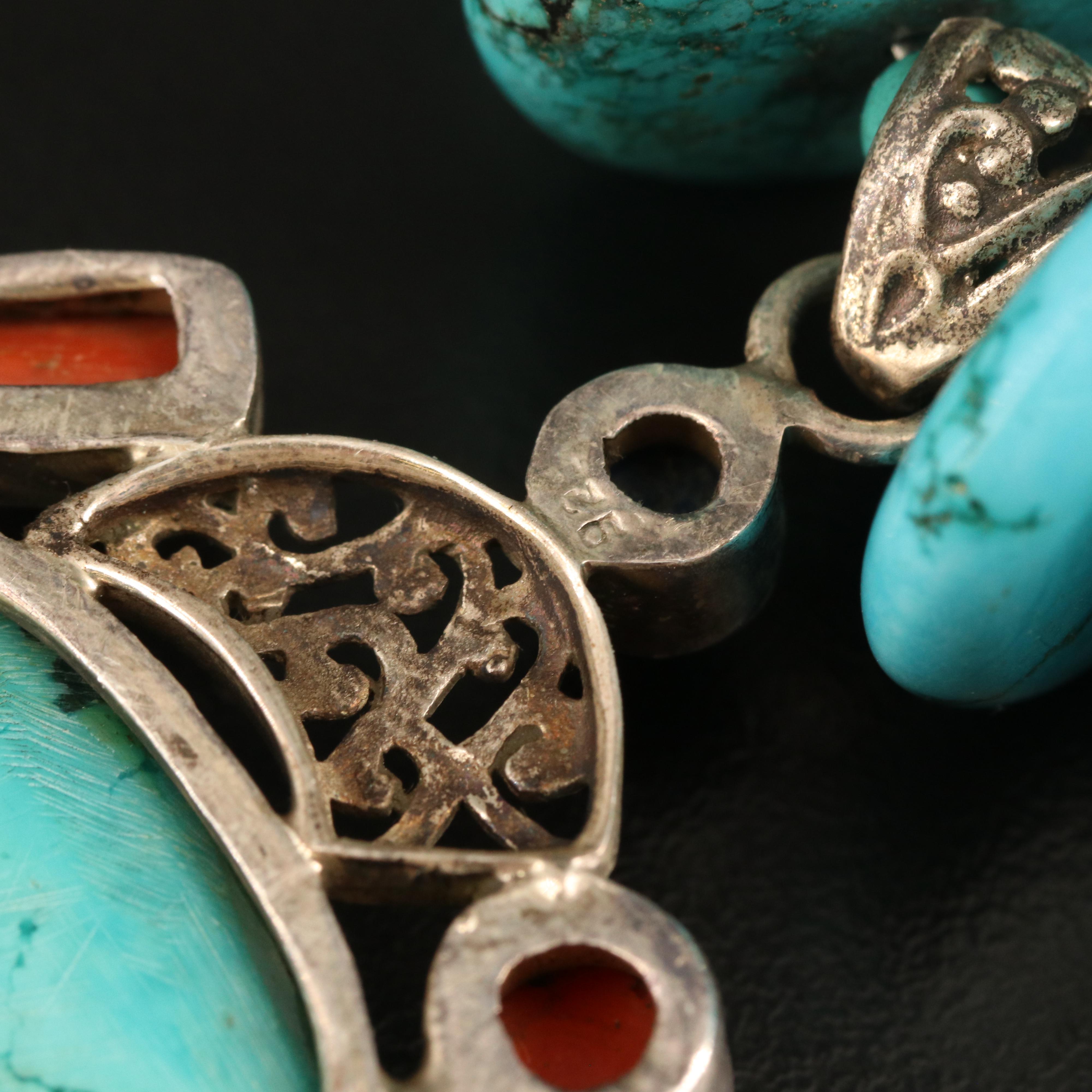 Sterling Graduated Necklace Including Magnesite, Coral and Lapis Lazuli