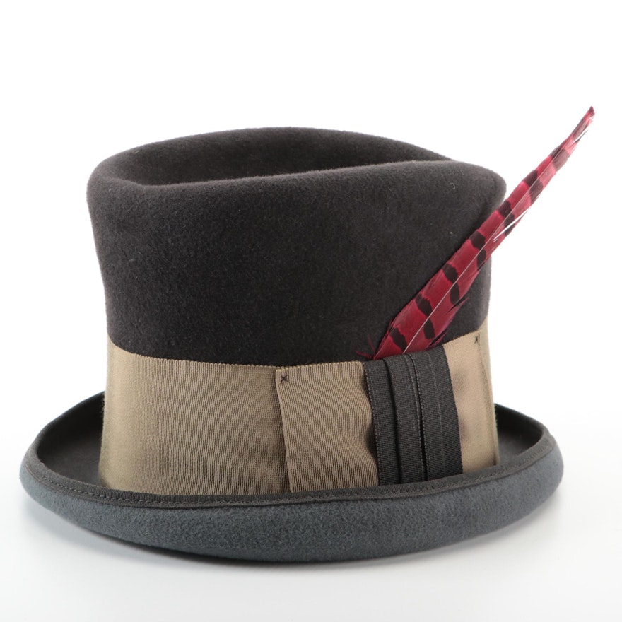 Fur Felt Top Hat with Wide Grosgrain Hatband and Feather Accent