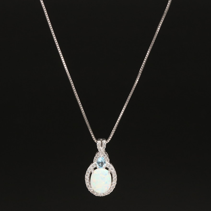 Sterling Opal and Topaz Pendant Necklace with Swiss Blue Topaz