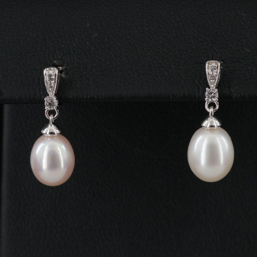 Sterling Pearl and White Topaz Drop Earrings