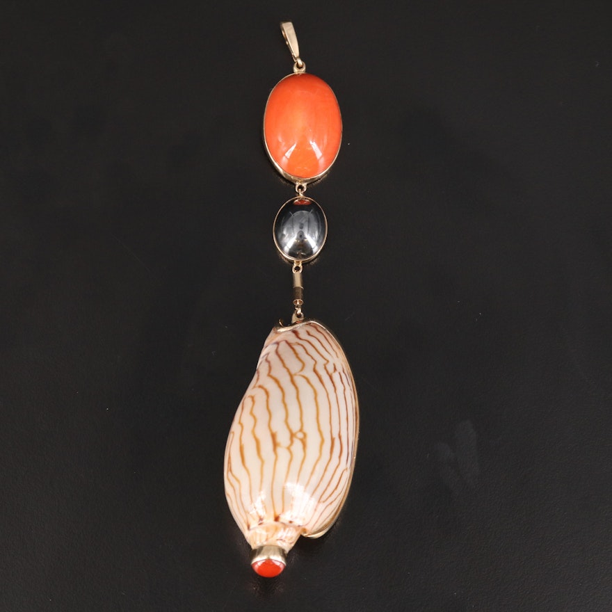 14K Coral, Hematite and Shell Pendant