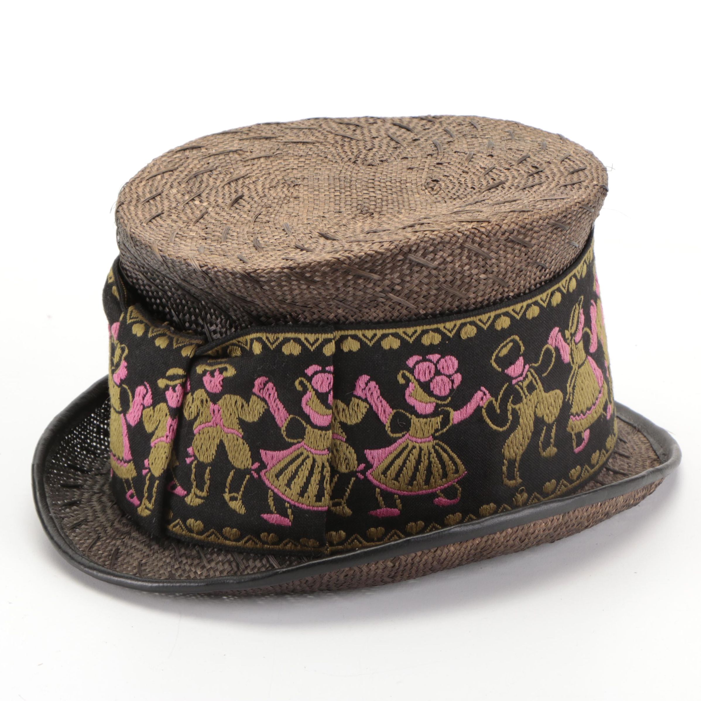 Cha-Cha's House of Ill Repute Woven Straw Top Hat with Embroidered Band