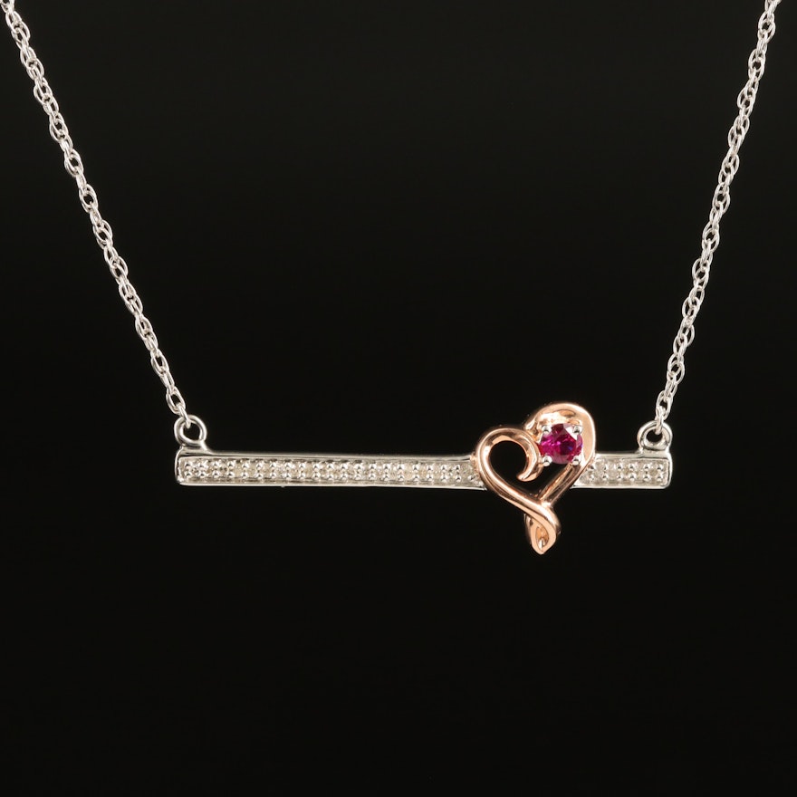 Sterling Ruby and Diamond Heart Bar Necklace