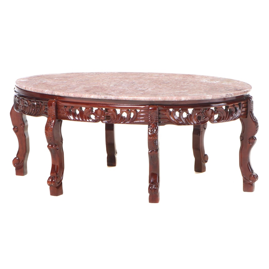 Chinese Carved Hardwood and Pink Marble Coffee Table