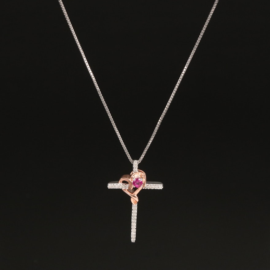 Sterling Ruby and Diamond Cross Necklace