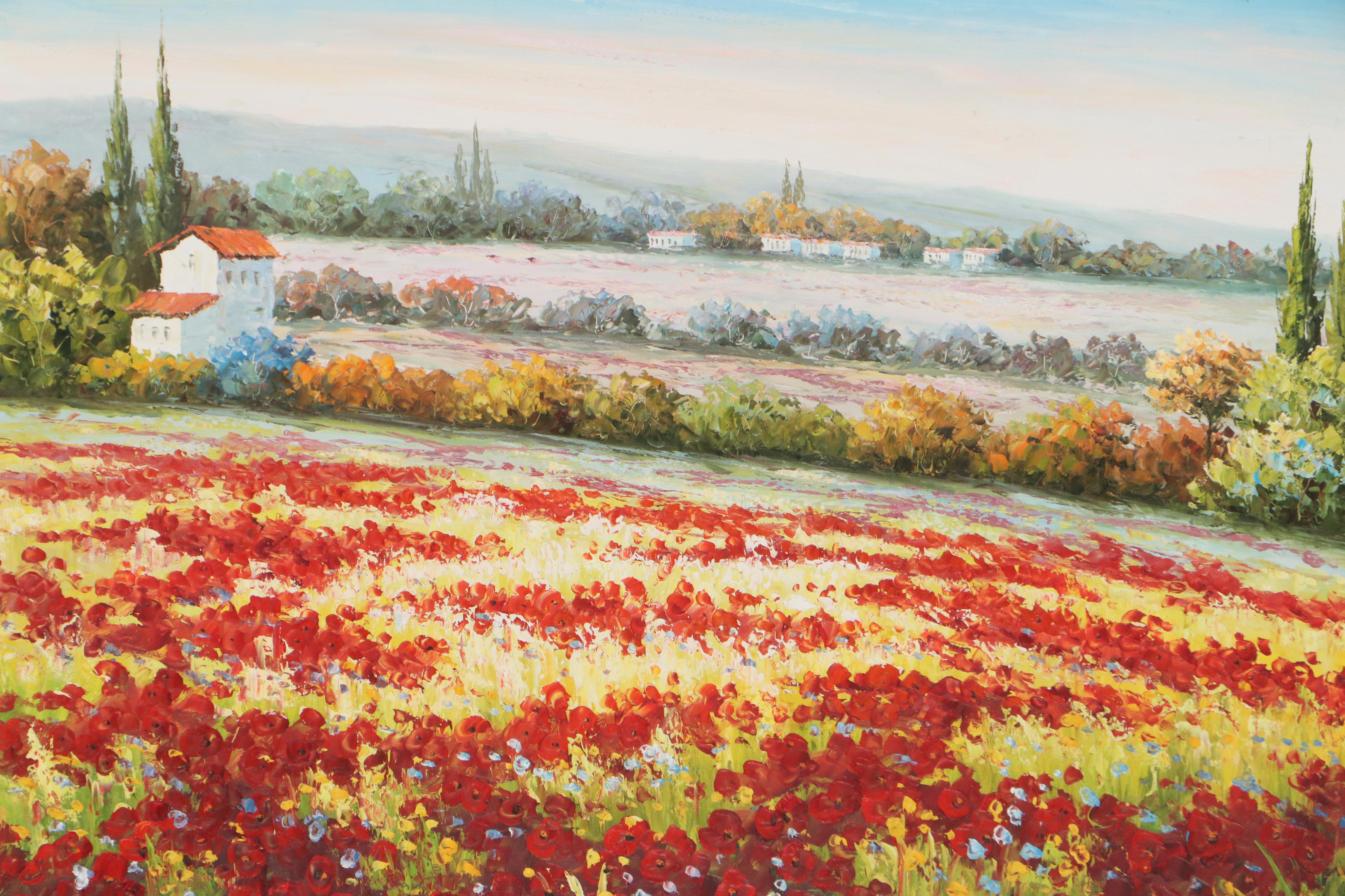 Tuscan Landscape Oil Painting of Poppy Field