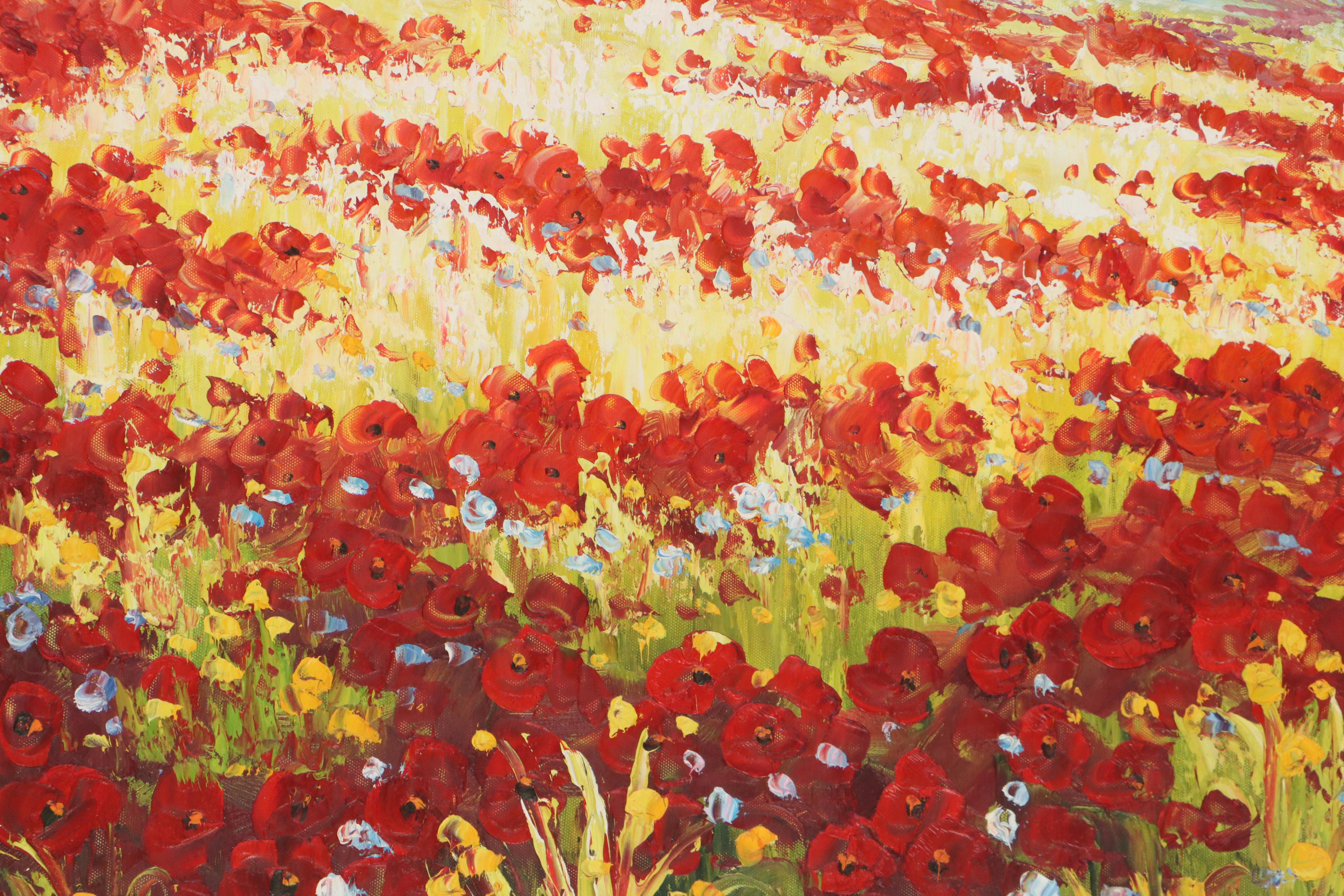 Tuscan Landscape Oil Painting of Poppy Field