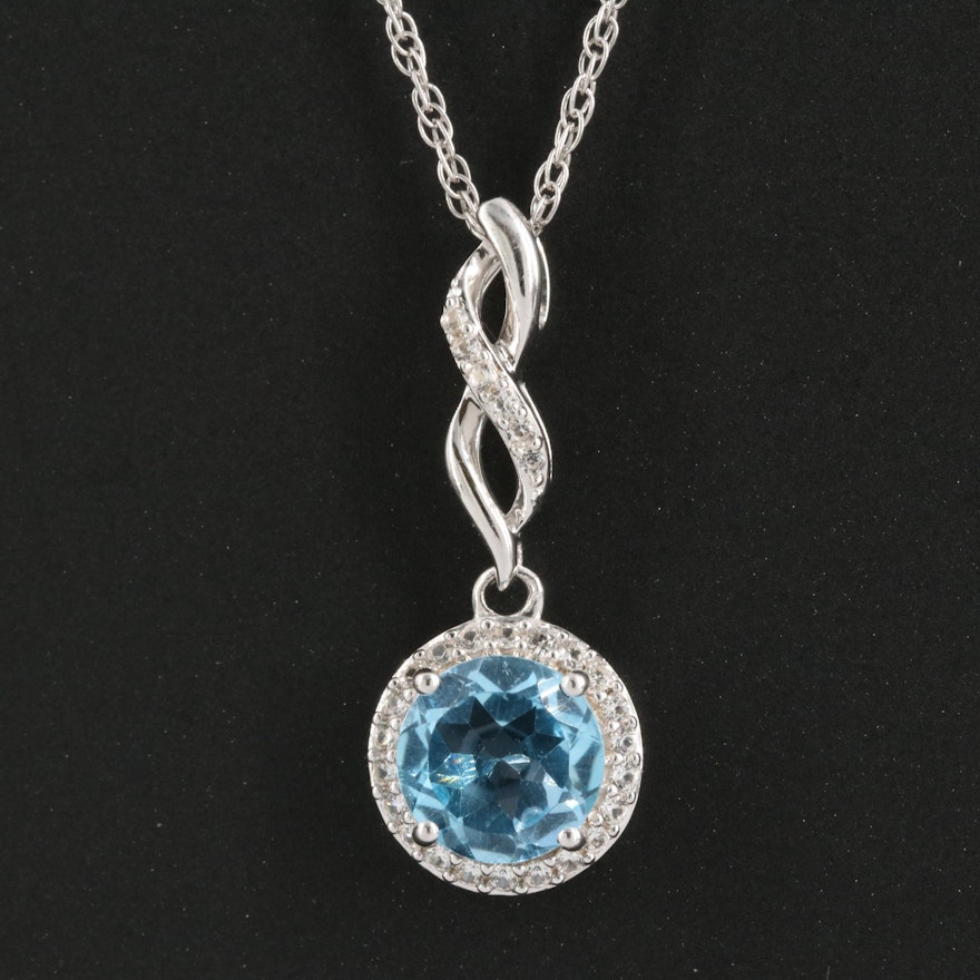 Sterling Swiss Blue Topaz and Sapphire Halo Pendant Necklacde
