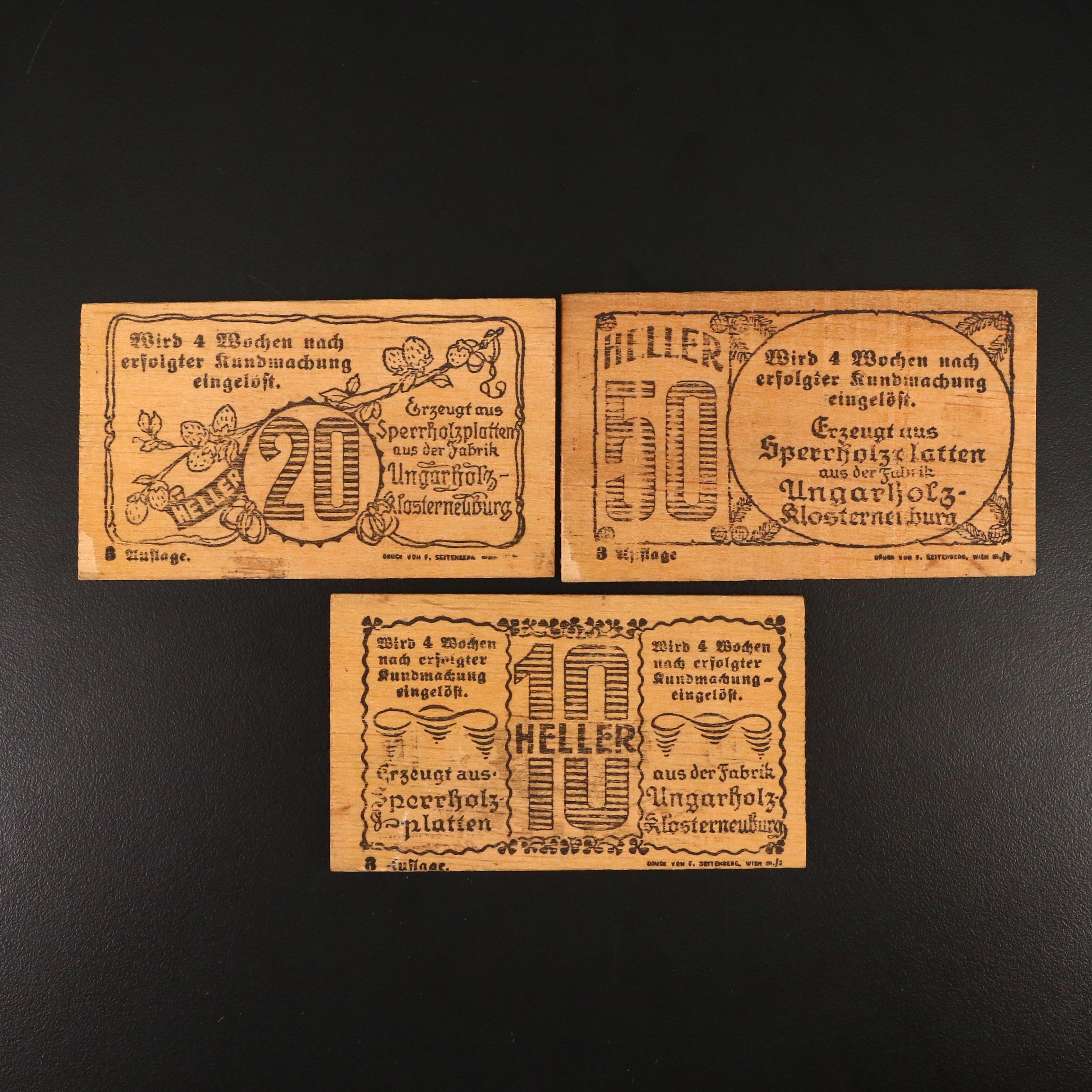Group of Three German 1920 Notgeld Notes Made of Wood