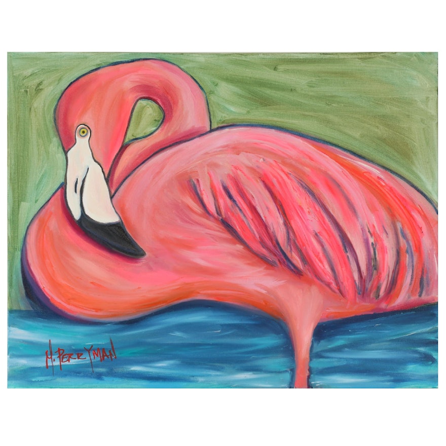 Marcella Francis Perryman Oil Painting of Flamingo, 21st Century