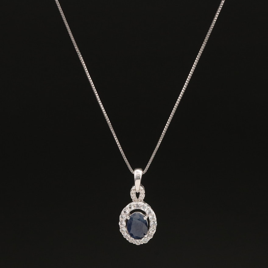 Sterling Sapphire Oval Halo Pendant Necklace