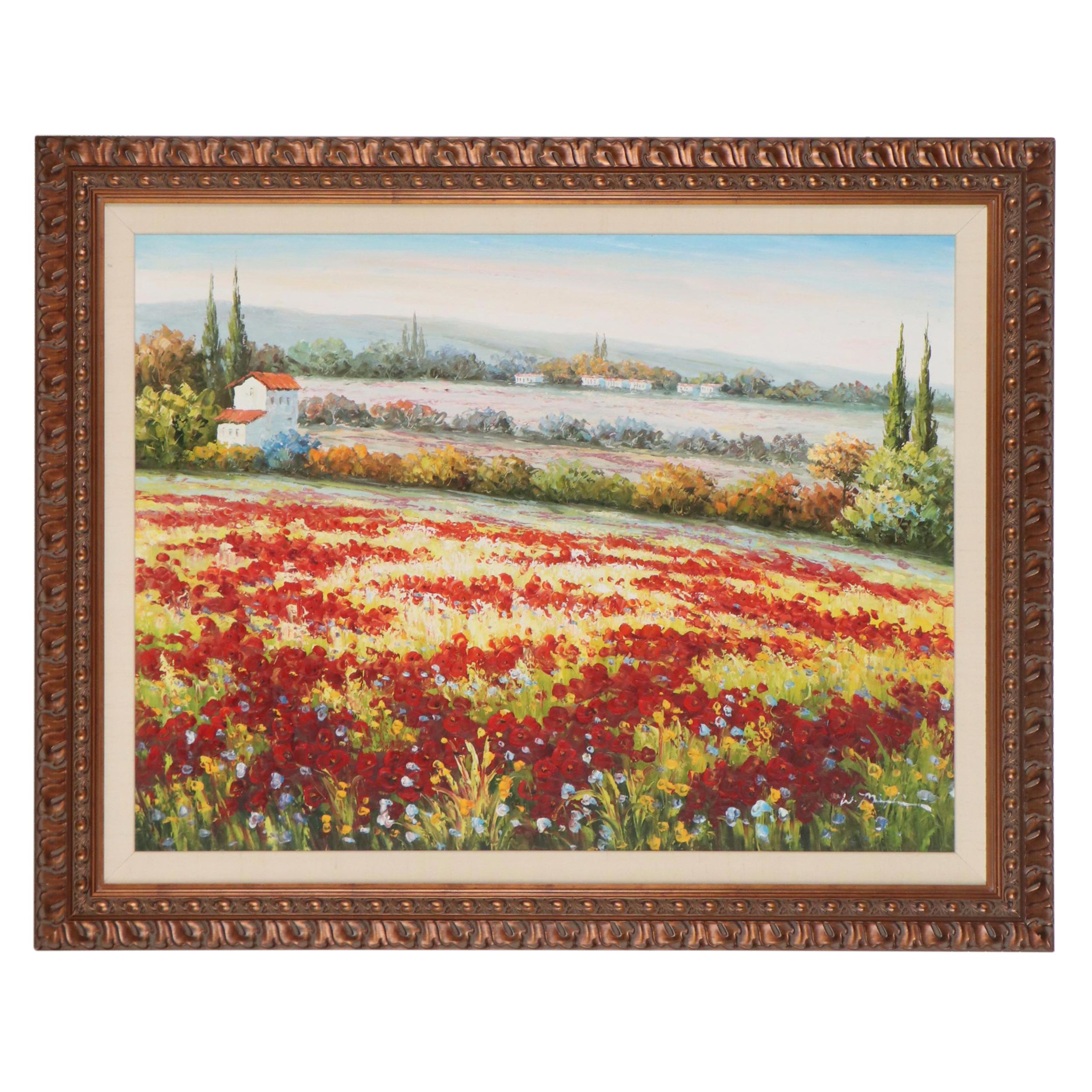 Tuscan Landscape Oil Painting of Poppy Field