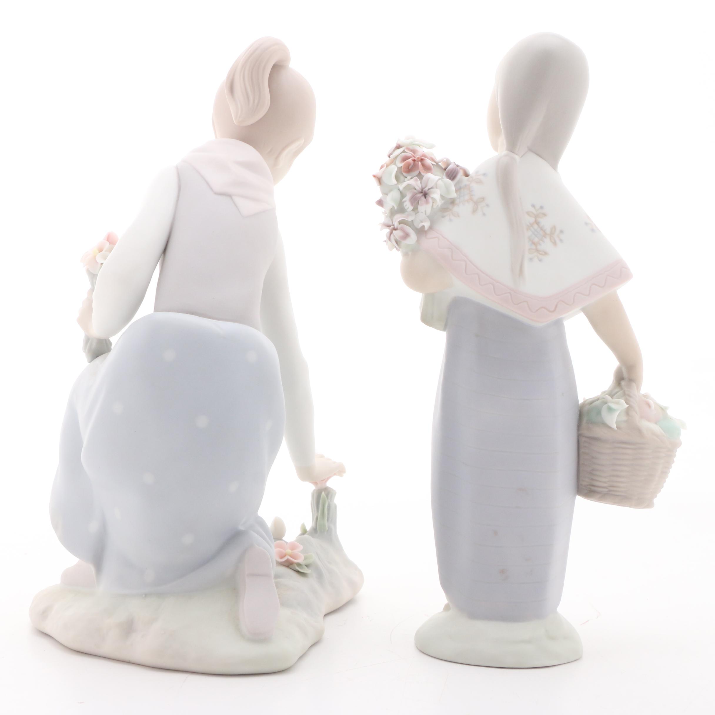 Lladró "Girl Gathering Flowers" and Lladró Style "Lupita" Porcelain Figurines