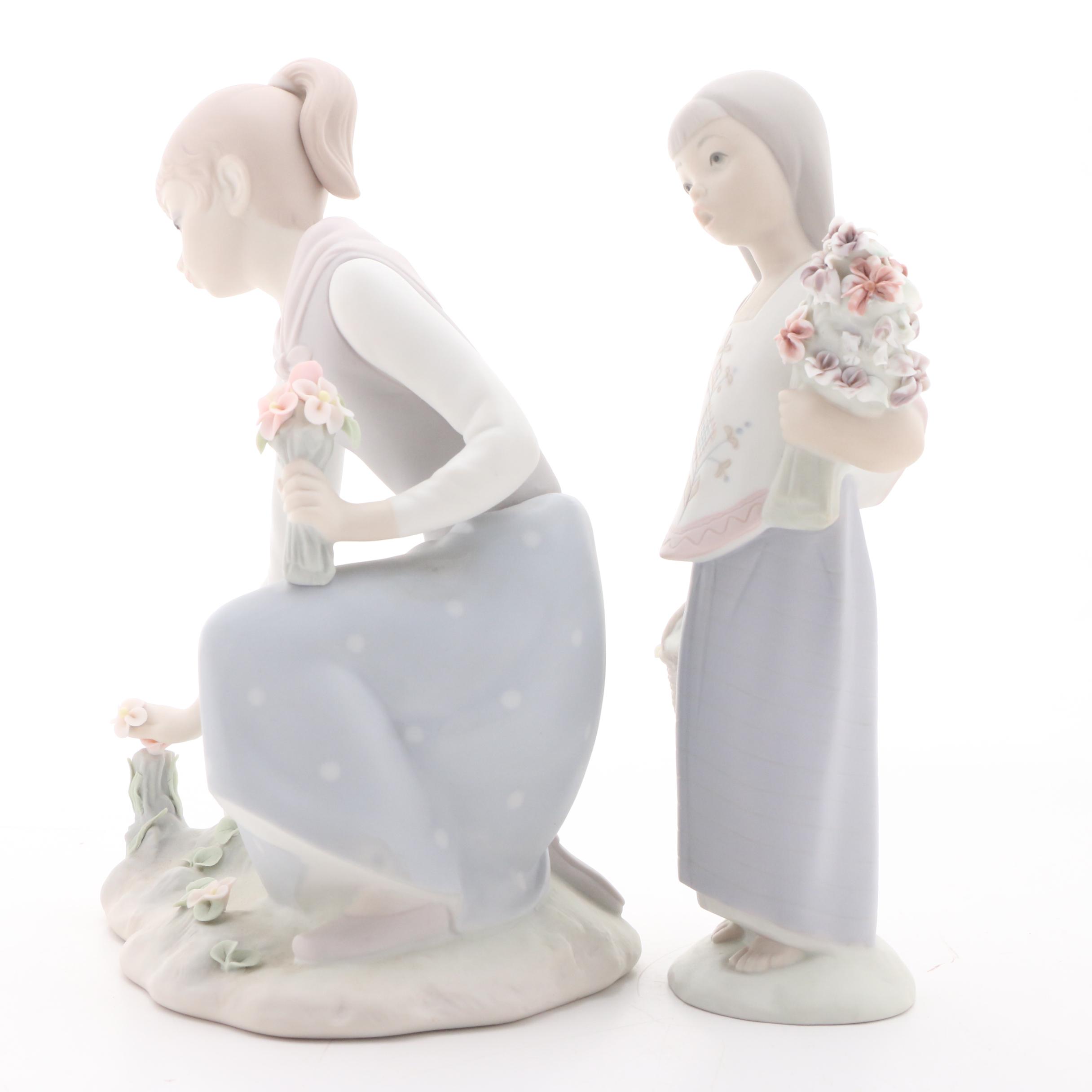 Lladró "Girl Gathering Flowers" and Lladró Style "Lupita" Porcelain Figurines