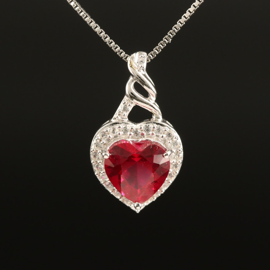 Sterling Ruby and Sapphire Heart Pendant Necklace