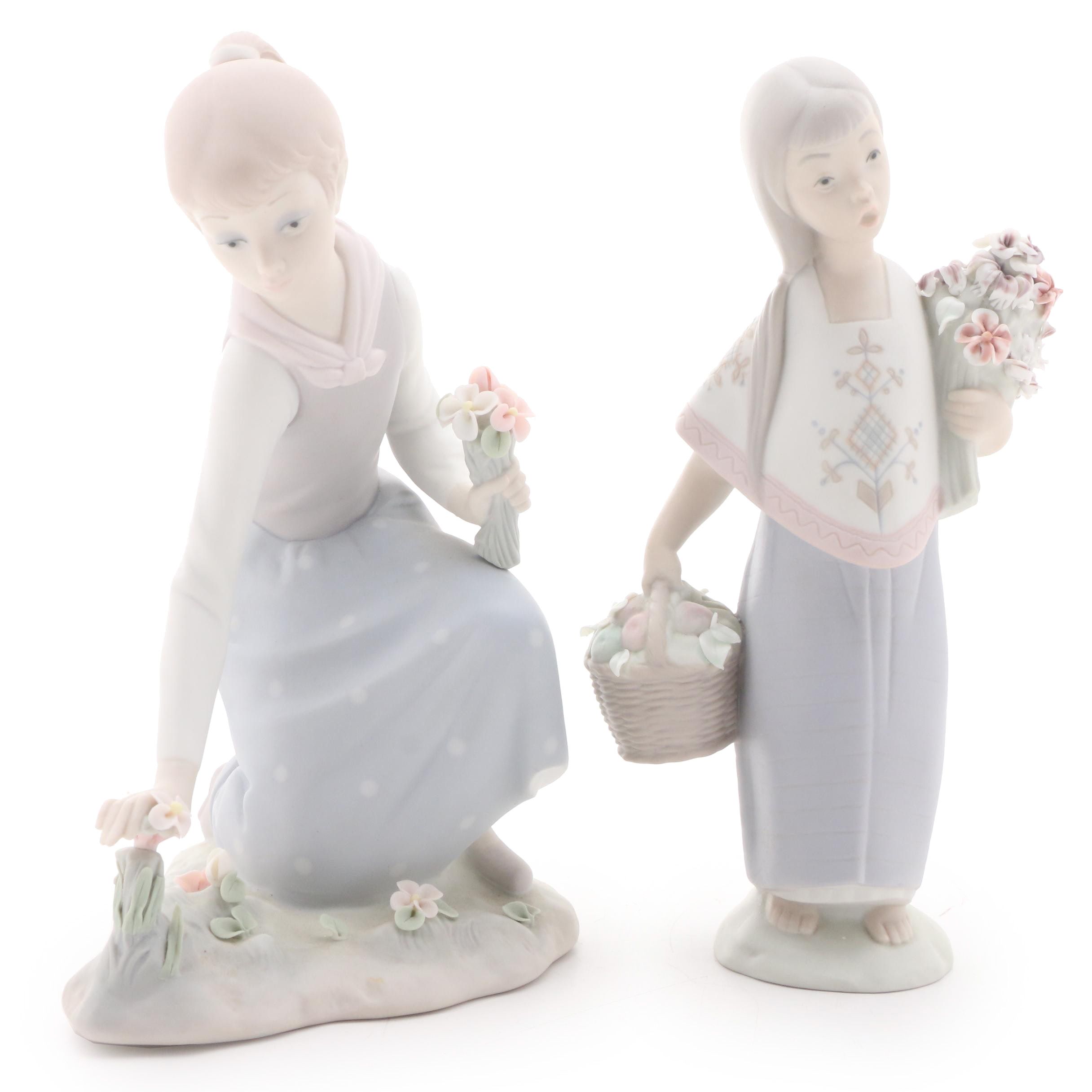 Lladró "Girl Gathering Flowers" and Lladró Style "Lupita" Porcelain Figurines