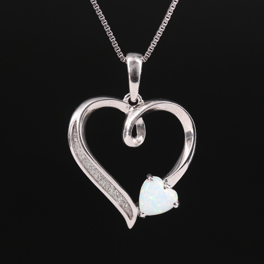 Sterling Opal and Imitation Druzy Heart Pendant Necklace