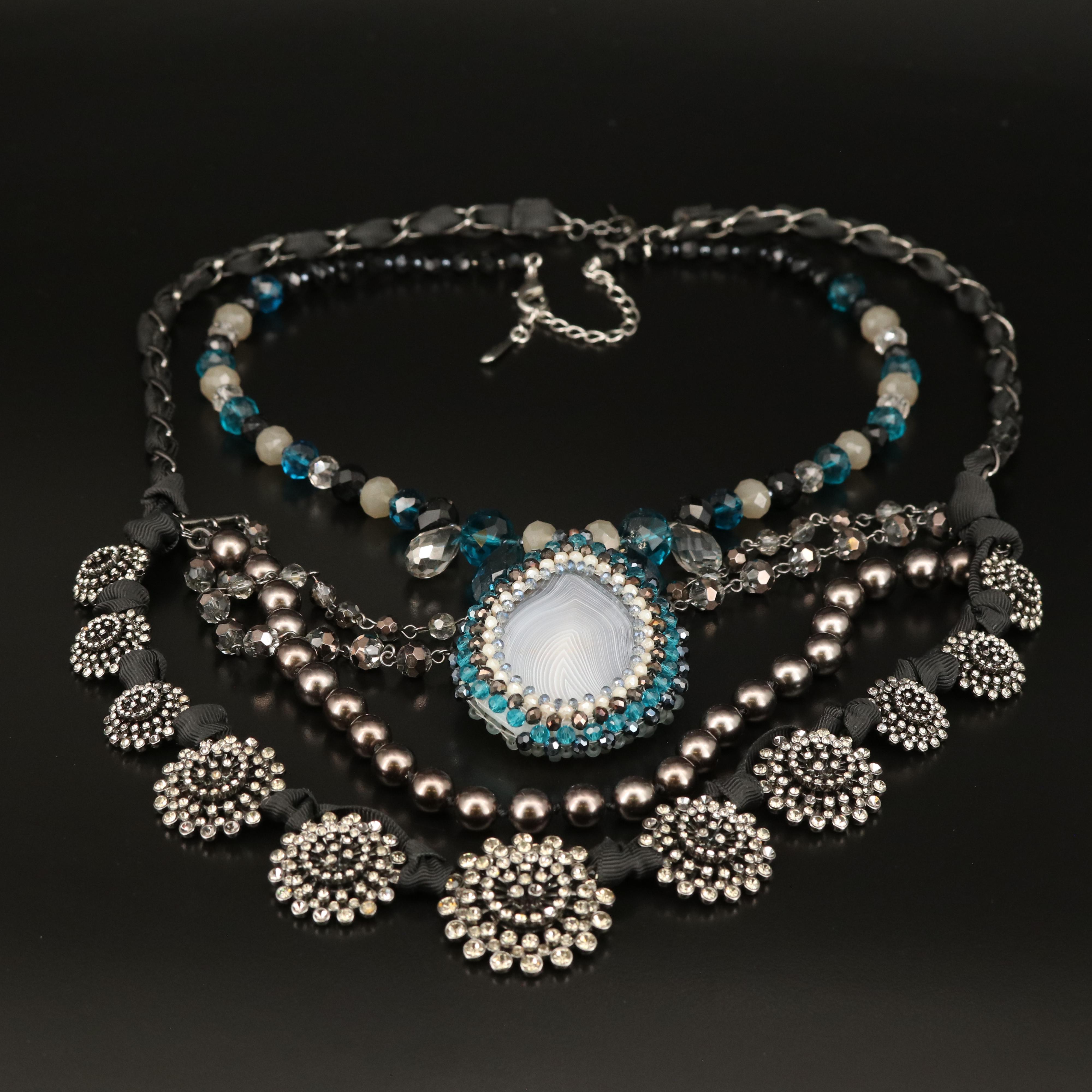 Agate, Faux Pearl and Rhinestone Necklaces