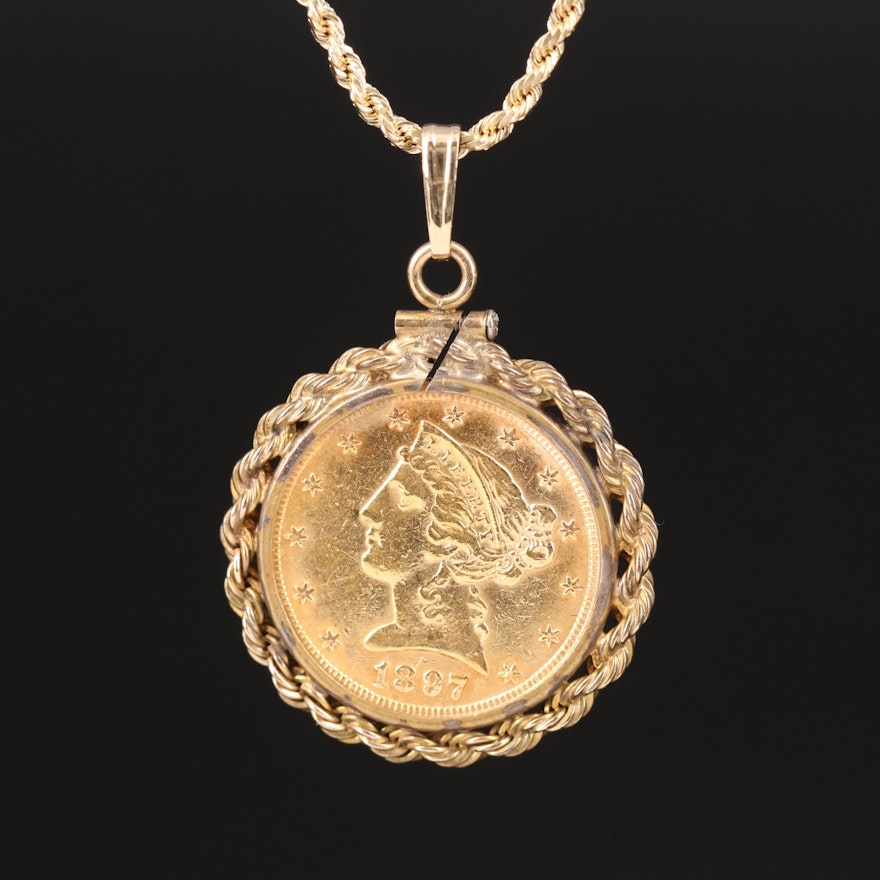 1997 United States Five Dollar Gold Coin in 14K Bezel Pendant Necklace