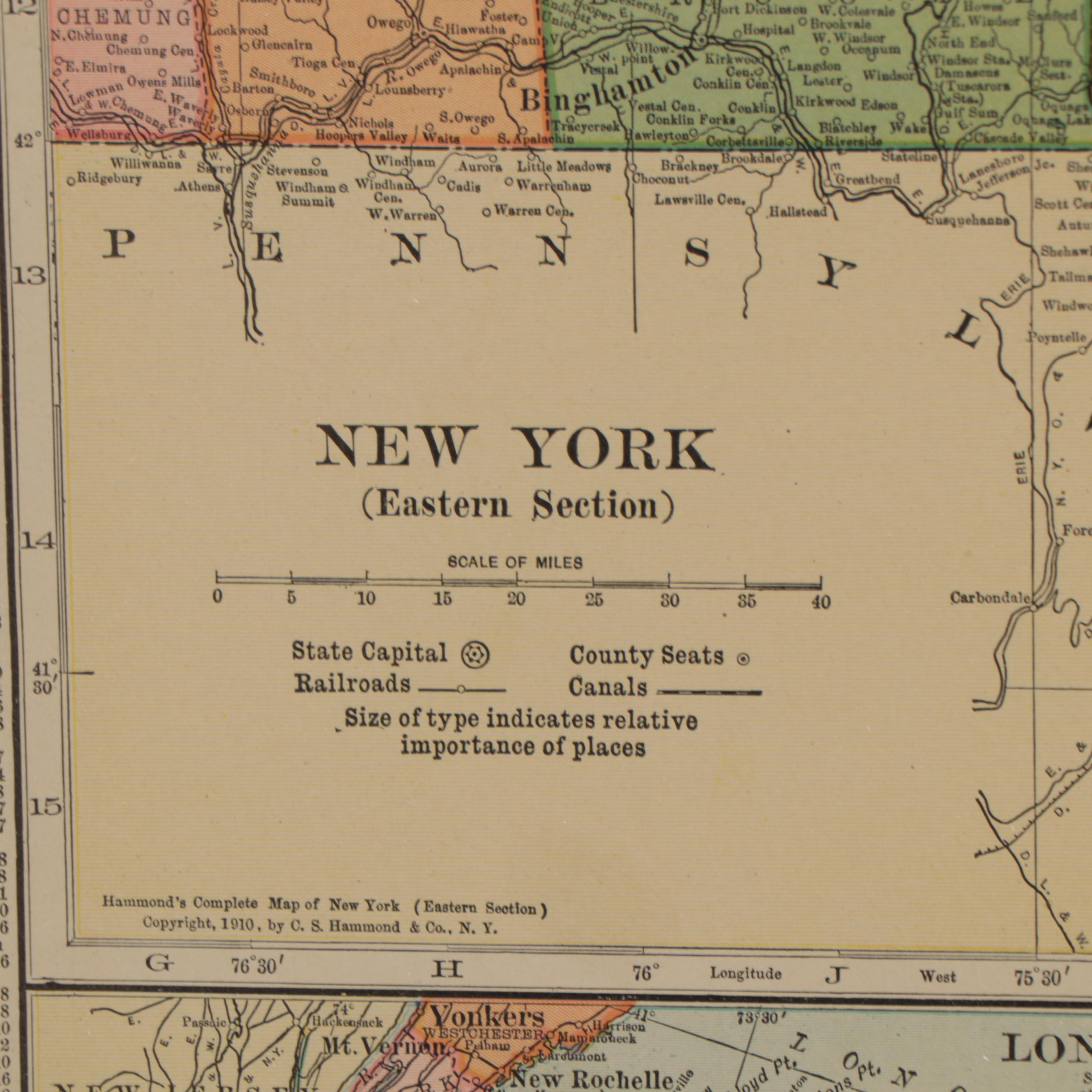 C. S. Hammond & Co. Wax Engraving Map "New York (Eastern Section)," circa 1910