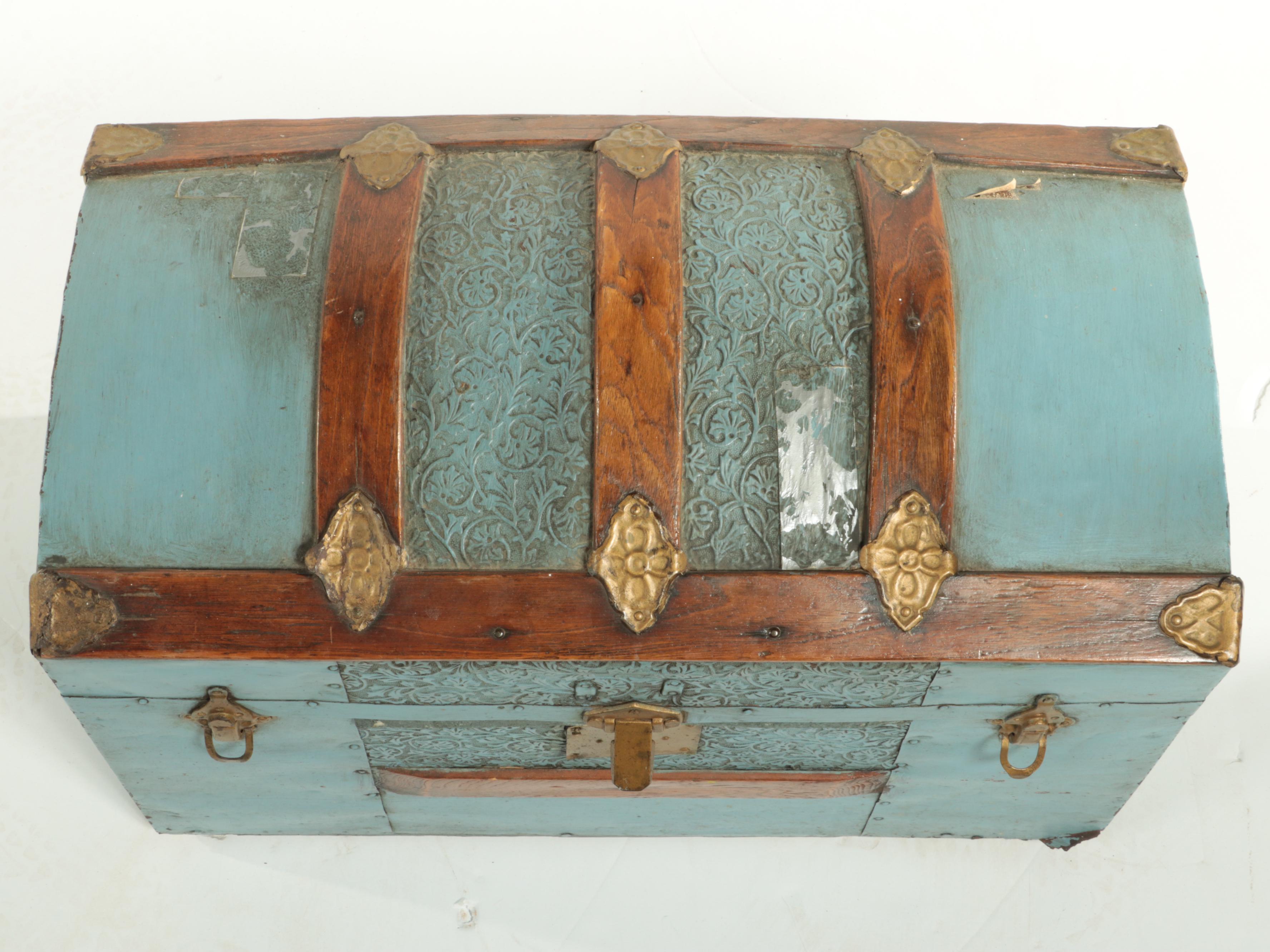 Late Victorian Slatted Wood and Metal-Clad Dome-Top Steamer Trunk