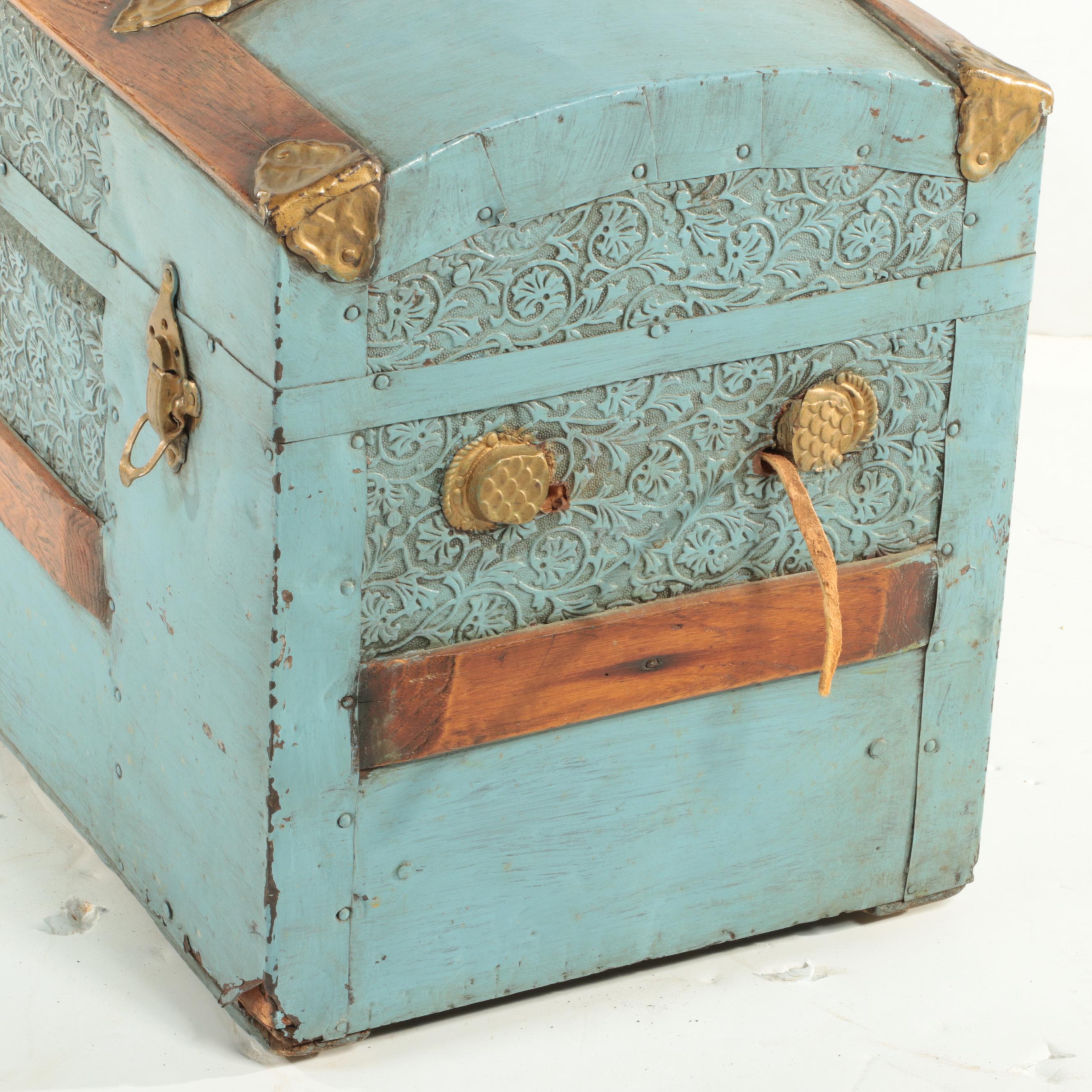 Late Victorian Slatted Wood and Metal-Clad Dome-Top Steamer Trunk