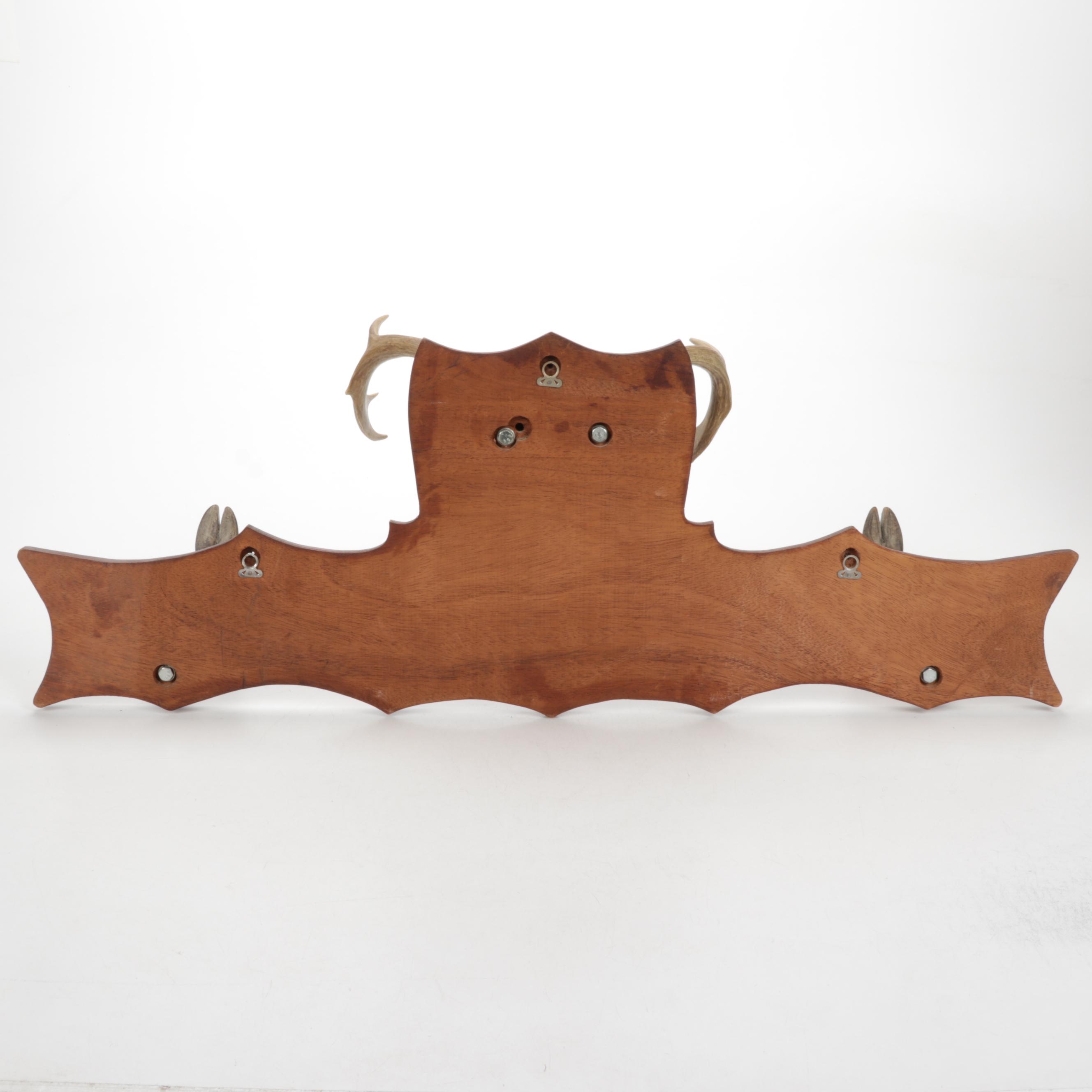 Deer Trophy Mount with Hooves Gun Rack on Carved Walnut Plaque, 1966