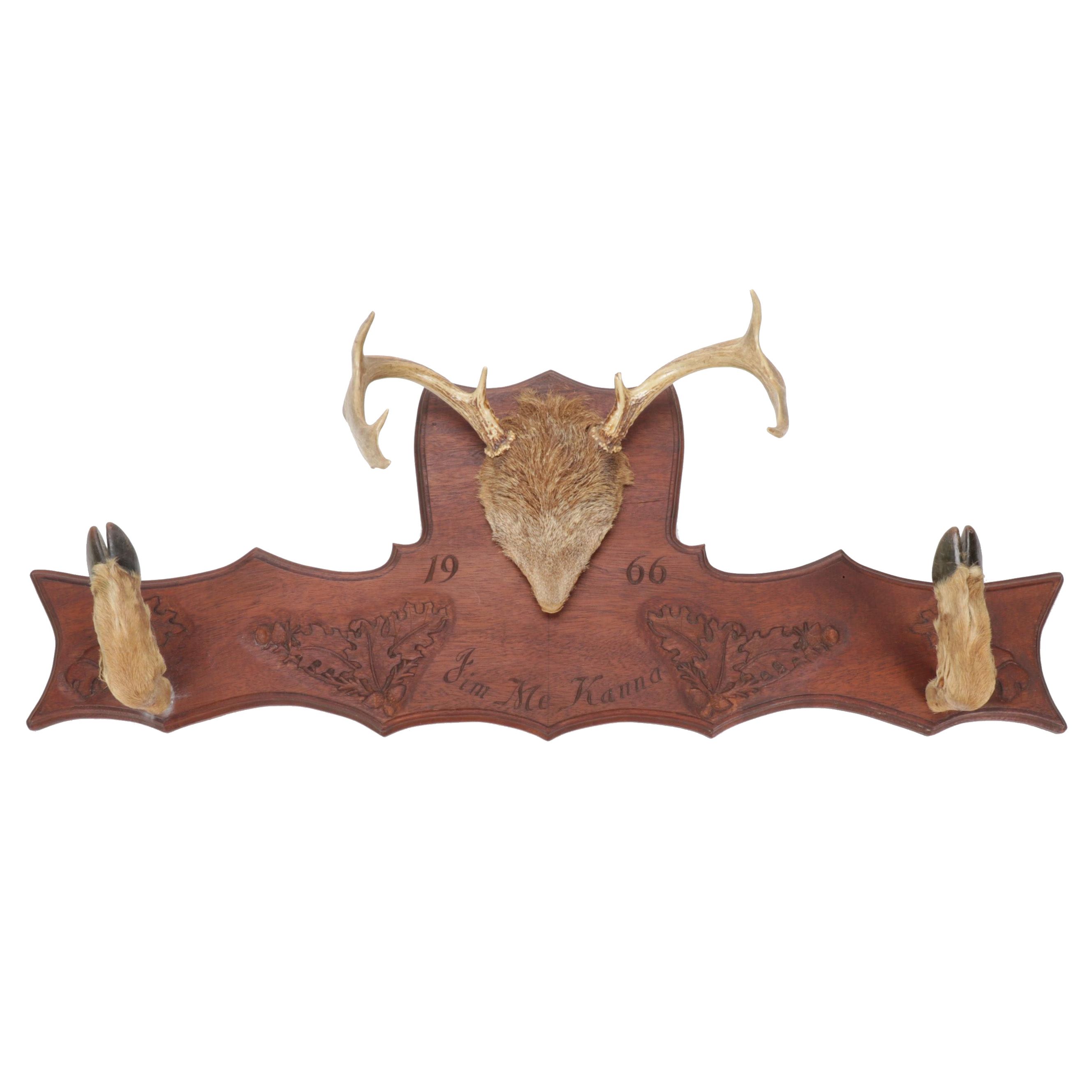 Deer Trophy Mount with Hooves Gun Rack on Carved Walnut Plaque, 1966