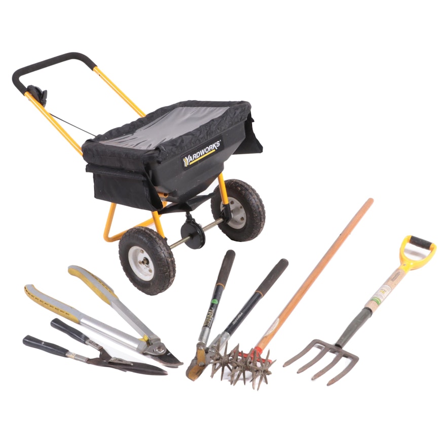 Yardworks Spreader and Pitch Fork, Garden Weasel, Loppers, Hedge Shears