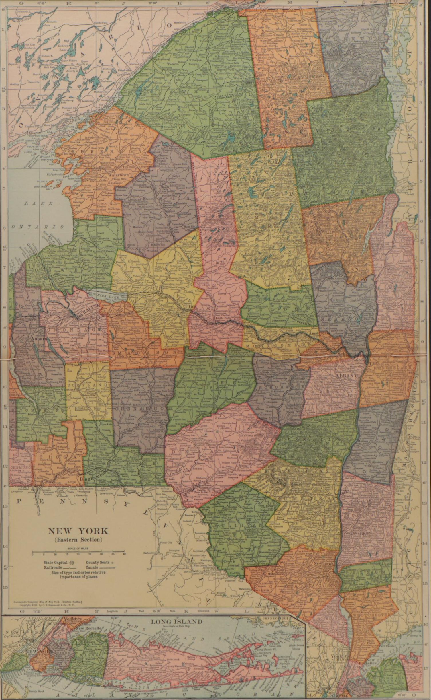 C. S. Hammond & Co. Wax Engraving Map "New York (Eastern Section)," circa 1910