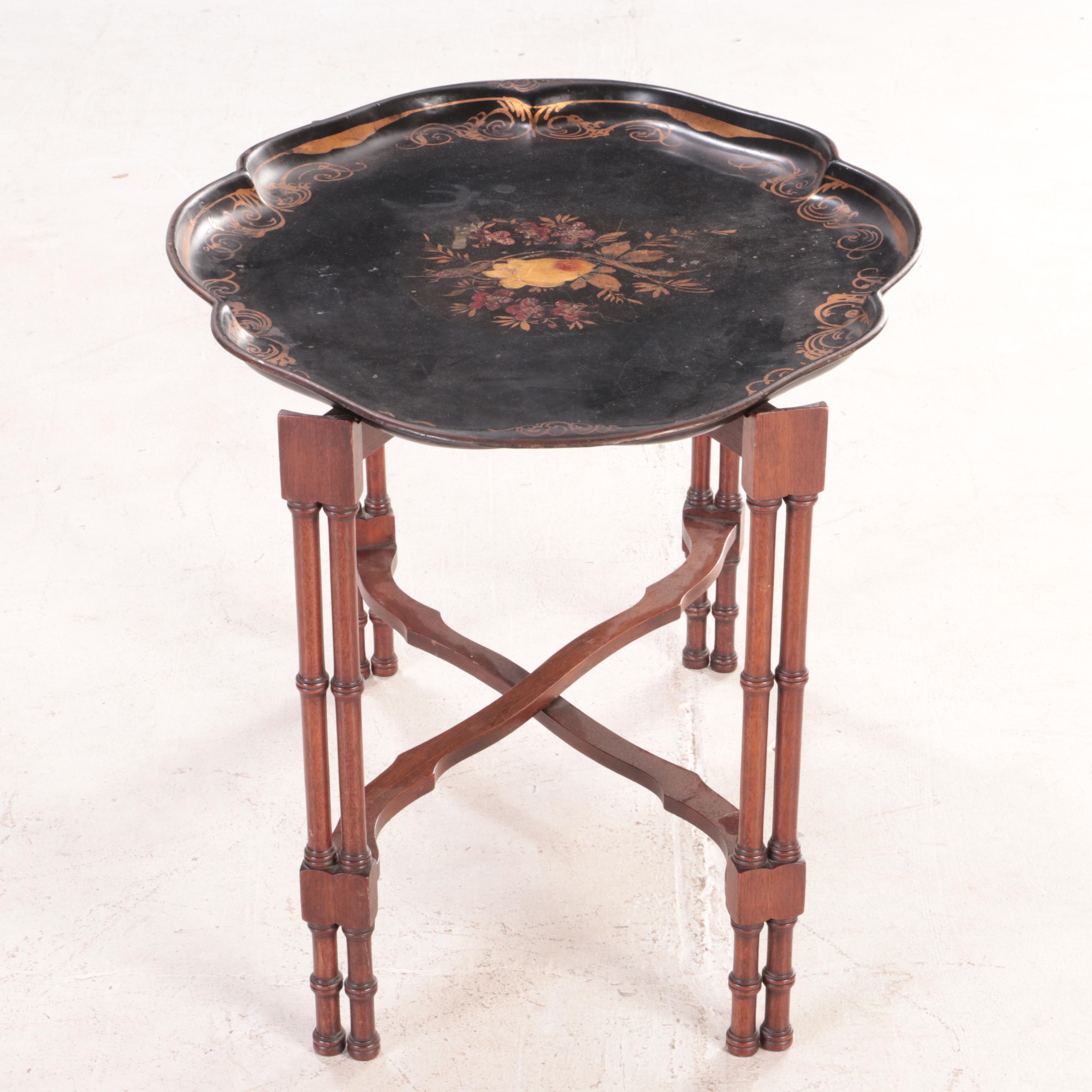 English Tole Painted Tray on Folding Wood Stand
