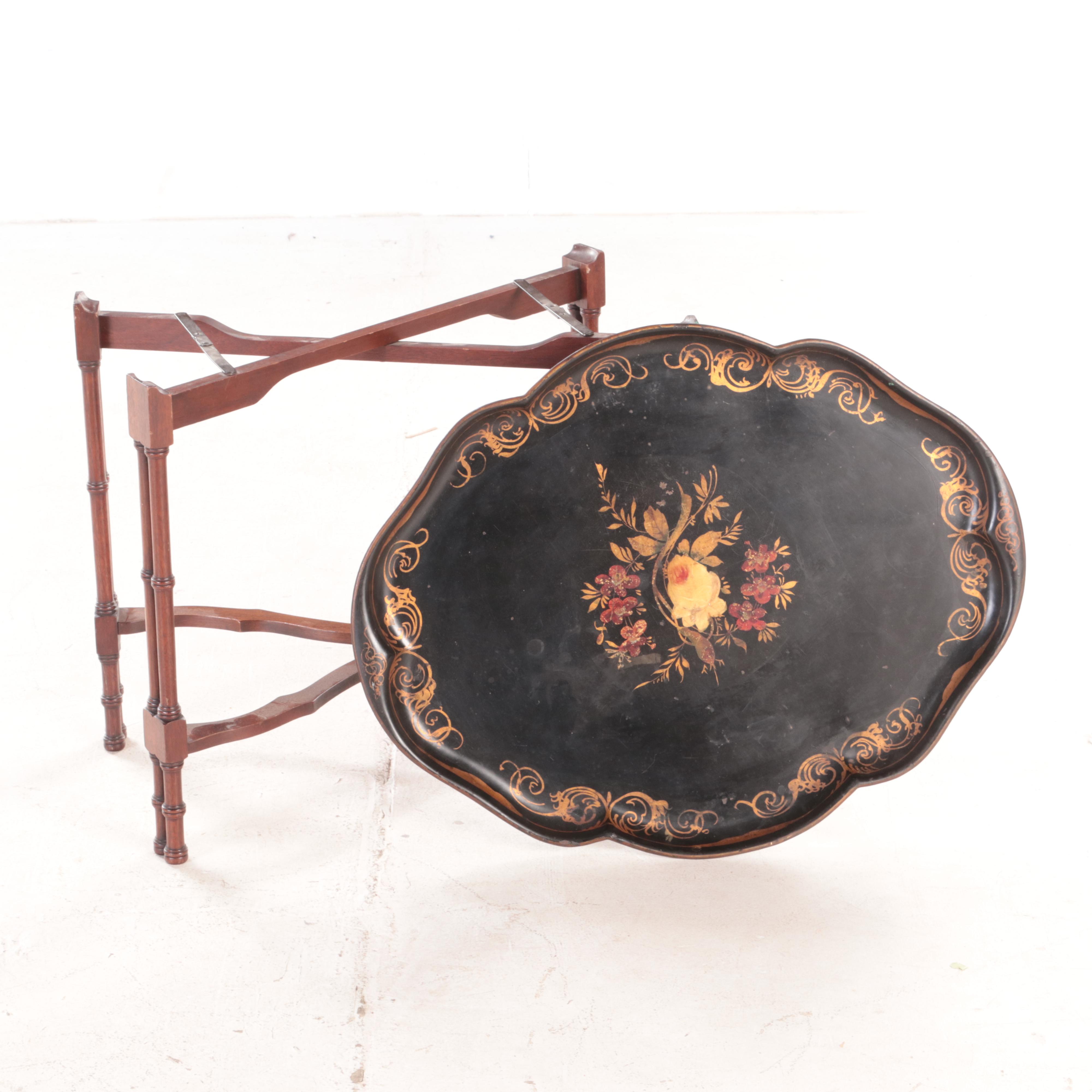 English Tole Painted Tray on Folding Wood Stand
