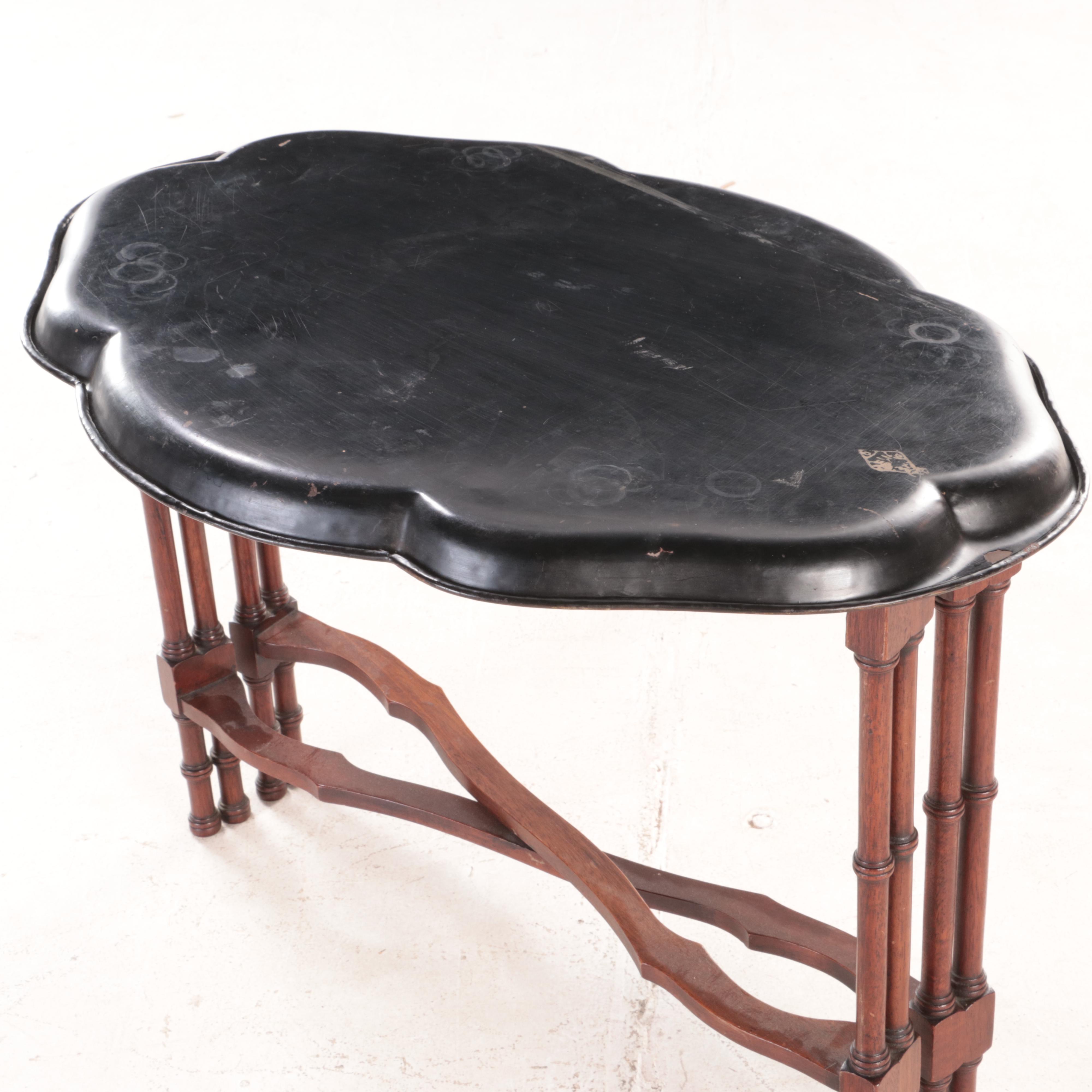 English Tole Painted Tray on Folding Wood Stand