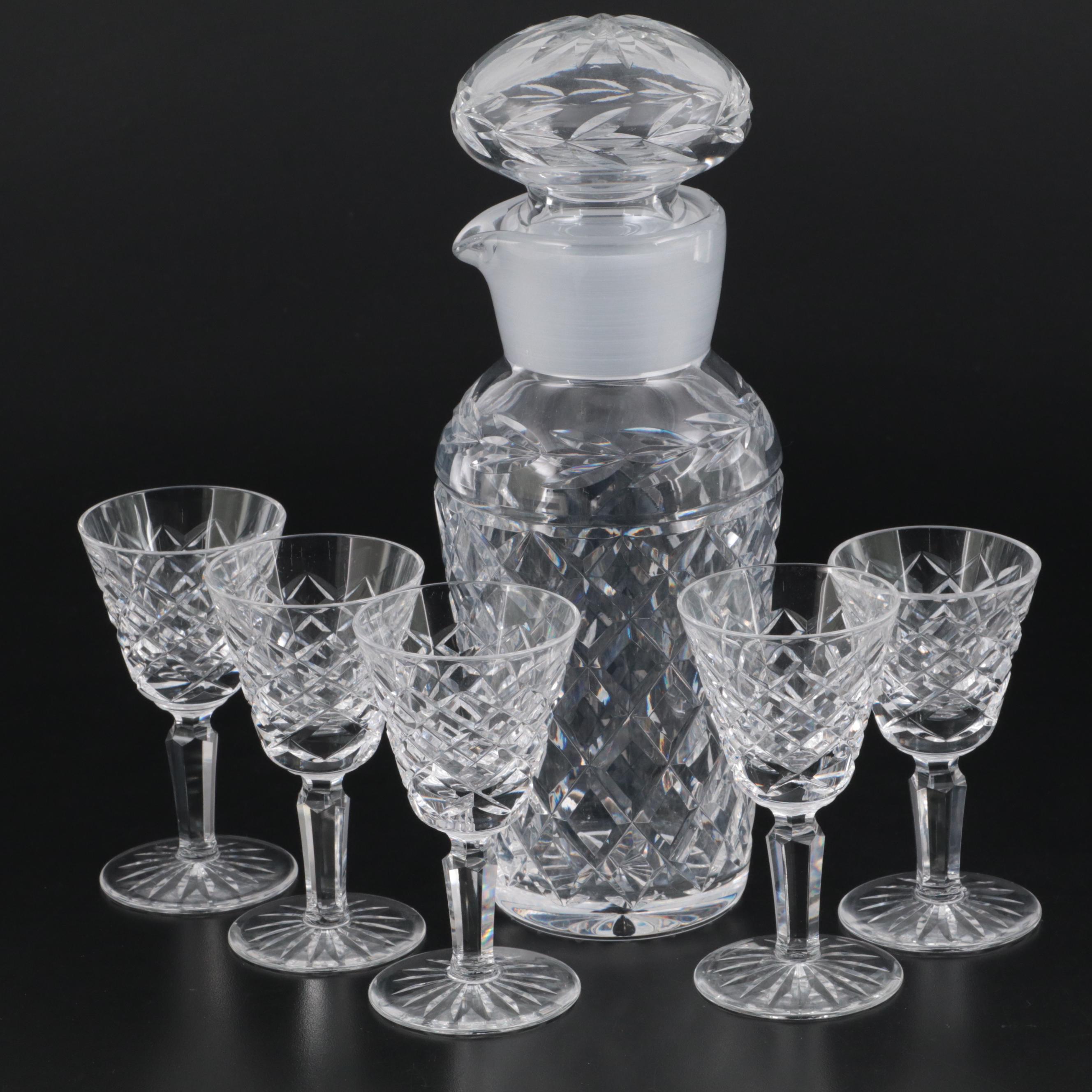 Waterford "Glandore" Decanter and "Tyrone" Crystal Cordial Glasses