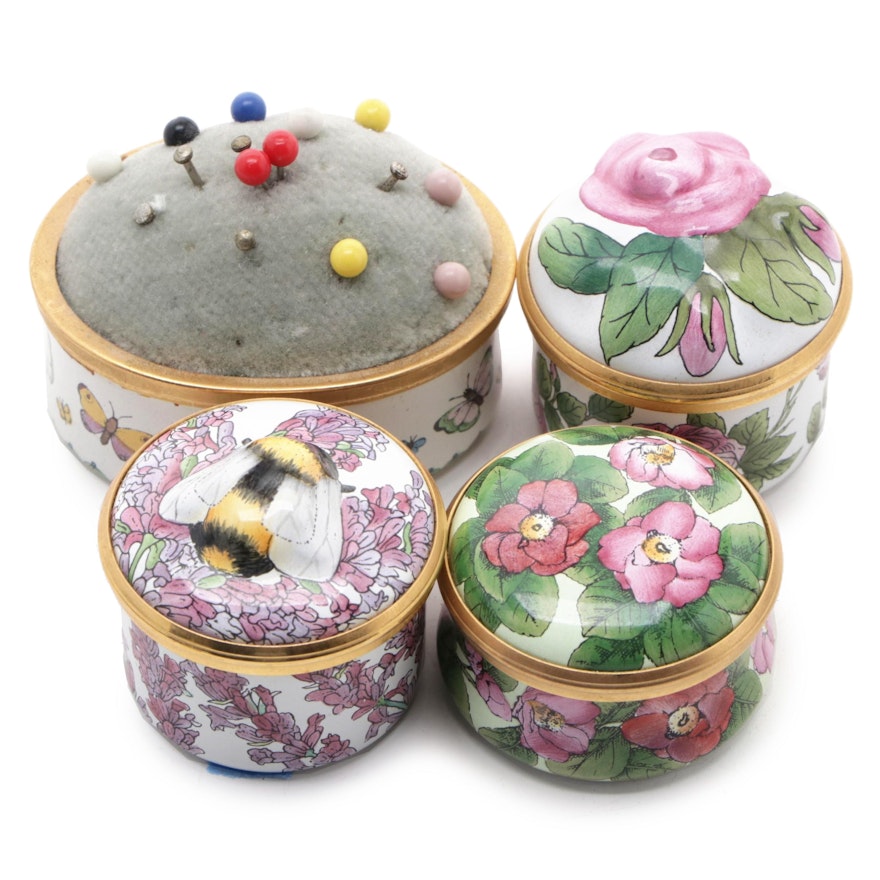 Halcyon Days Butterfly Pincushion and Floral Enameled Metal Boxes