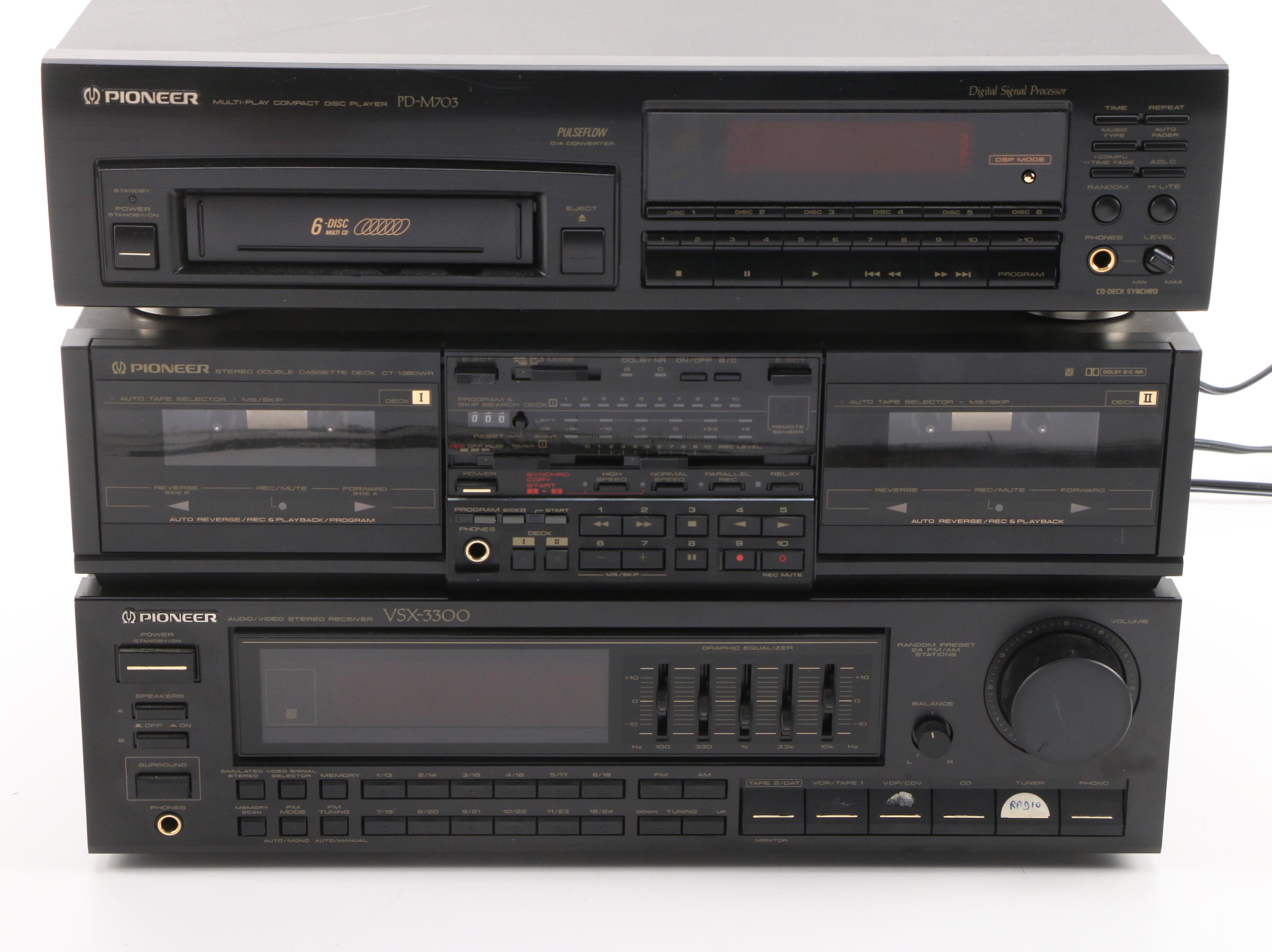 Pioneer Stereo Receiver, Cassette Tape Deck and 6-Disc CD Player, 1990s