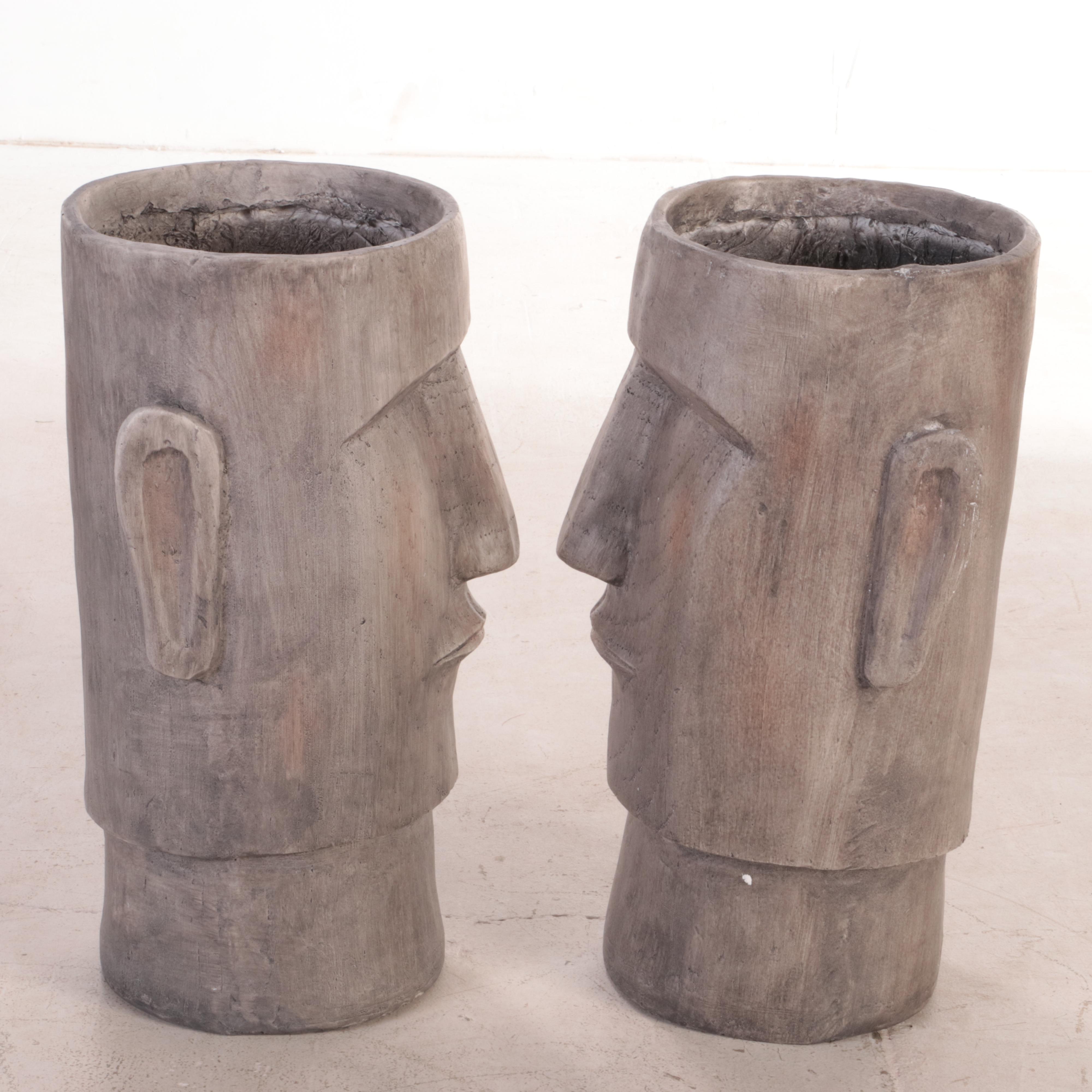 Pair of Cast Plaster Wood Grain Moai Mask Planters
