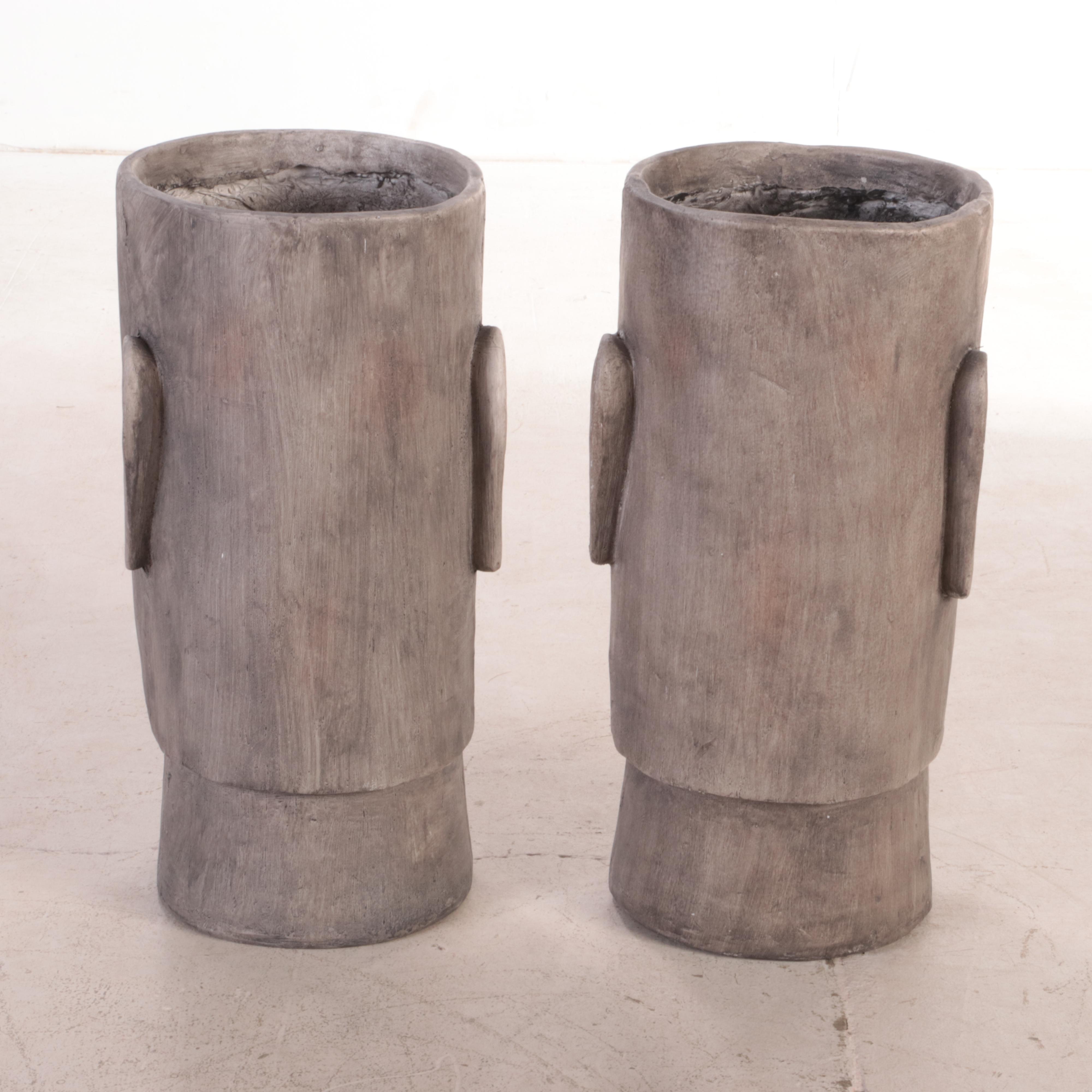 Pair of Cast Plaster Wood Grain Moai Mask Planters