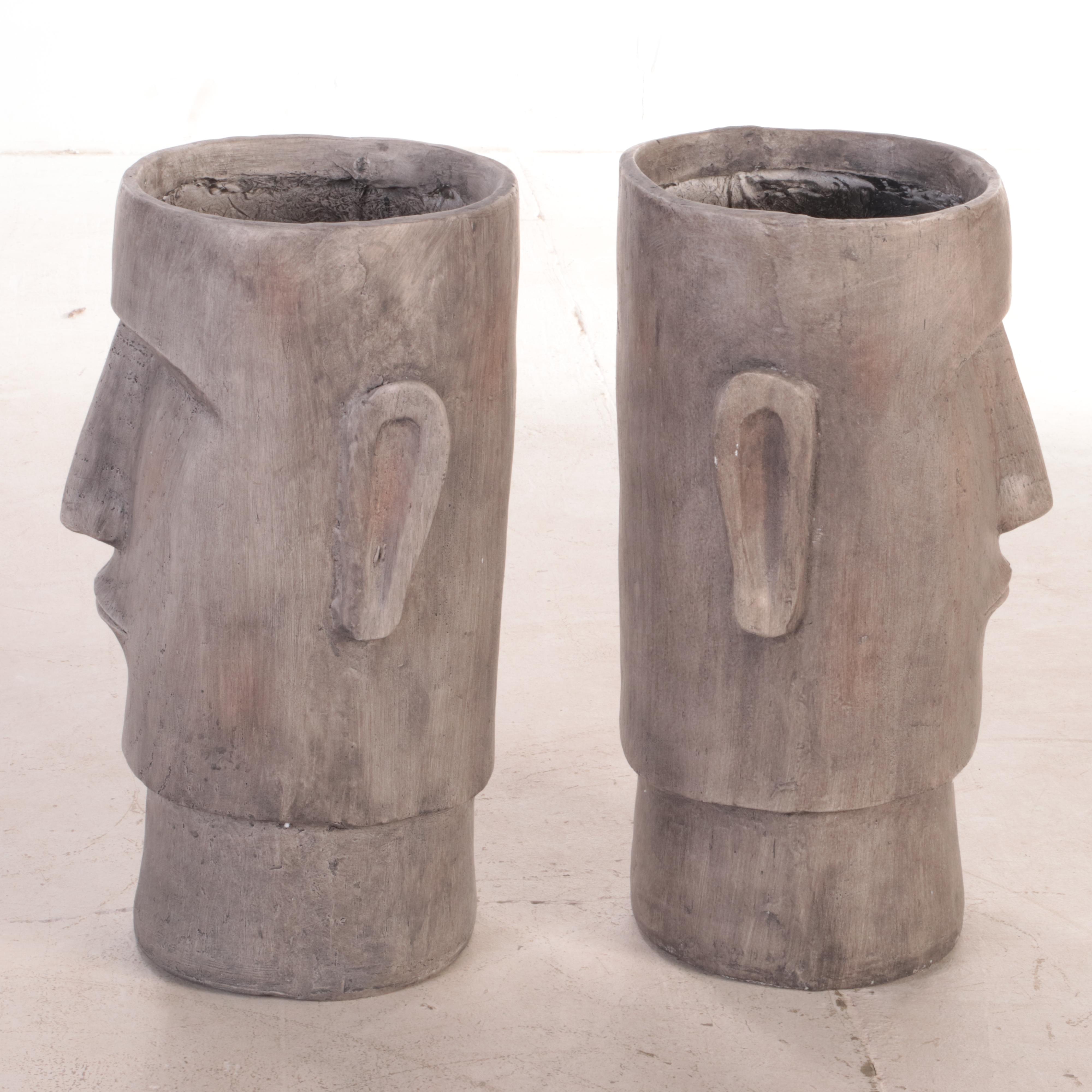 Pair of Cast Plaster Wood Grain Moai Mask Planters