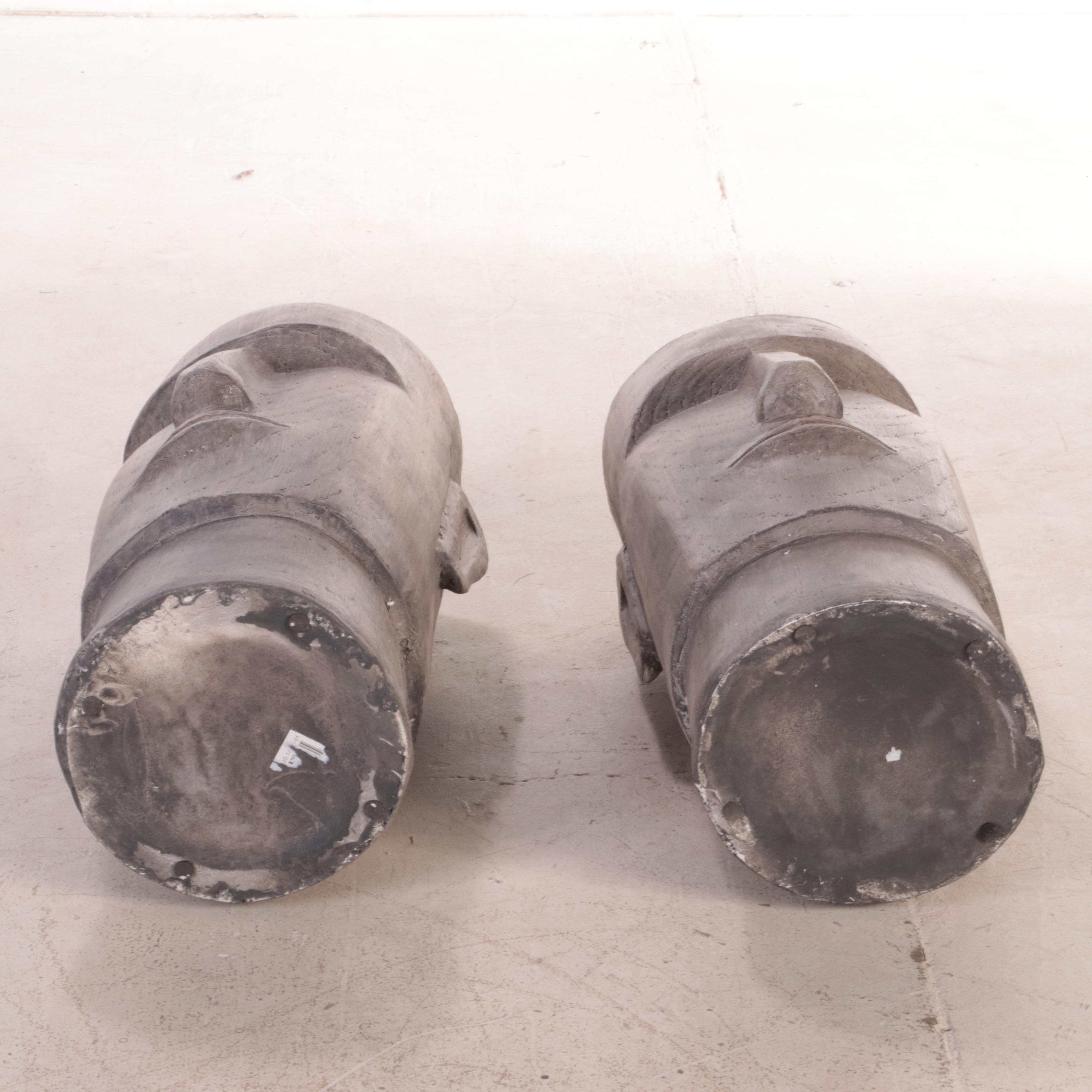 Pair of Cast Plaster Wood Grain Moai Mask Planters