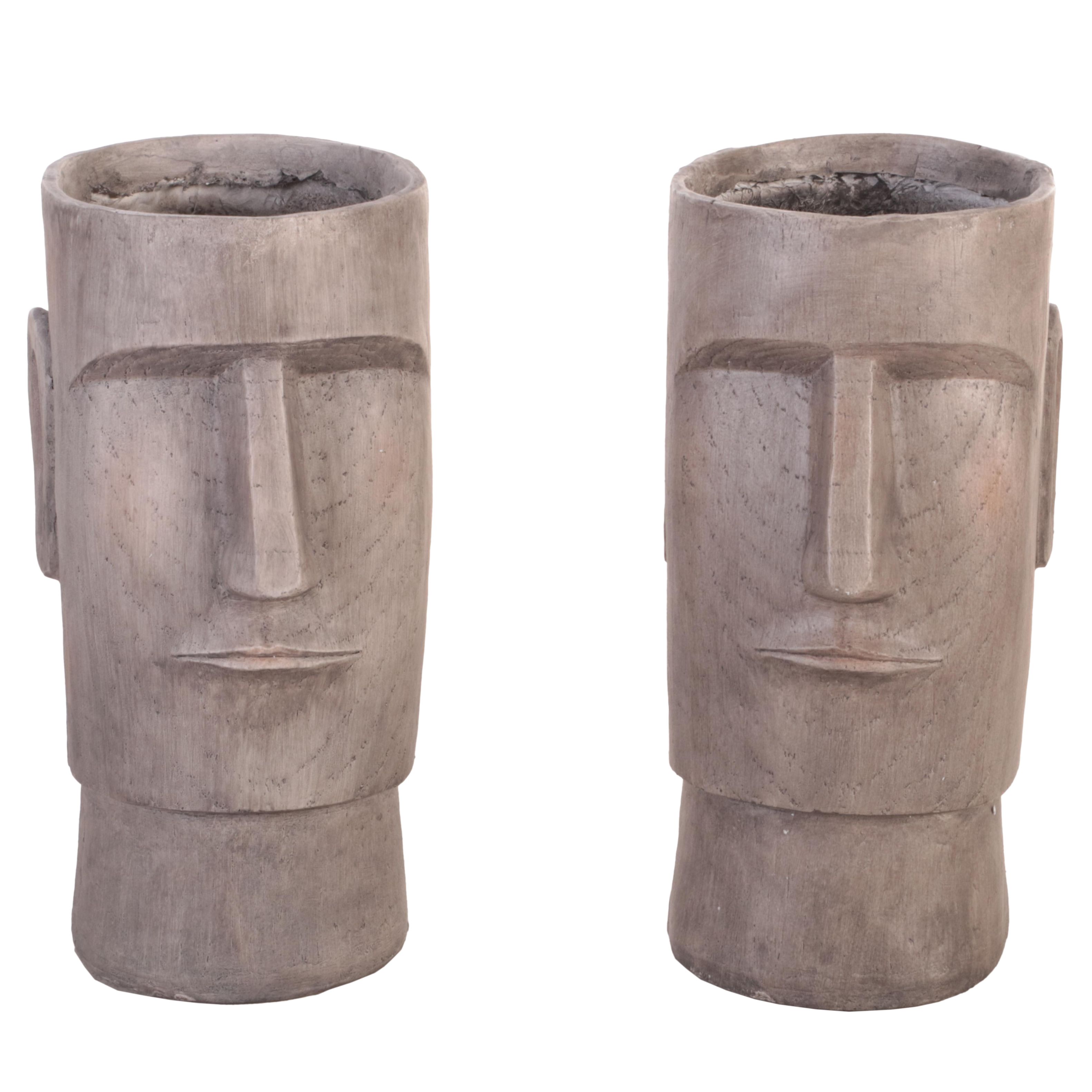 Pair of Cast Plaster Wood Grain Moai Mask Planters