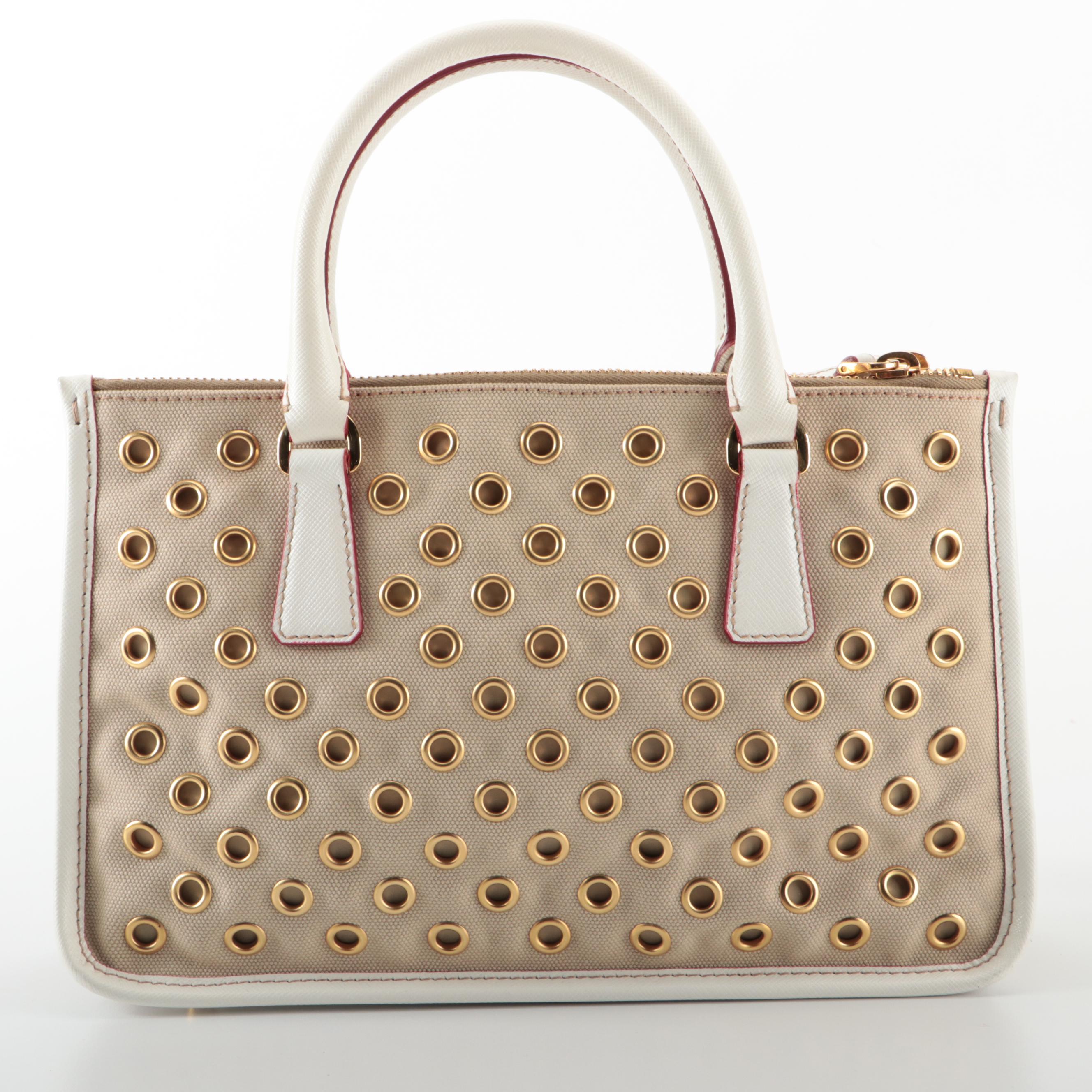 Prada Double Zip Handbag in Grommet Embellished Canvas and Saffiano Leather