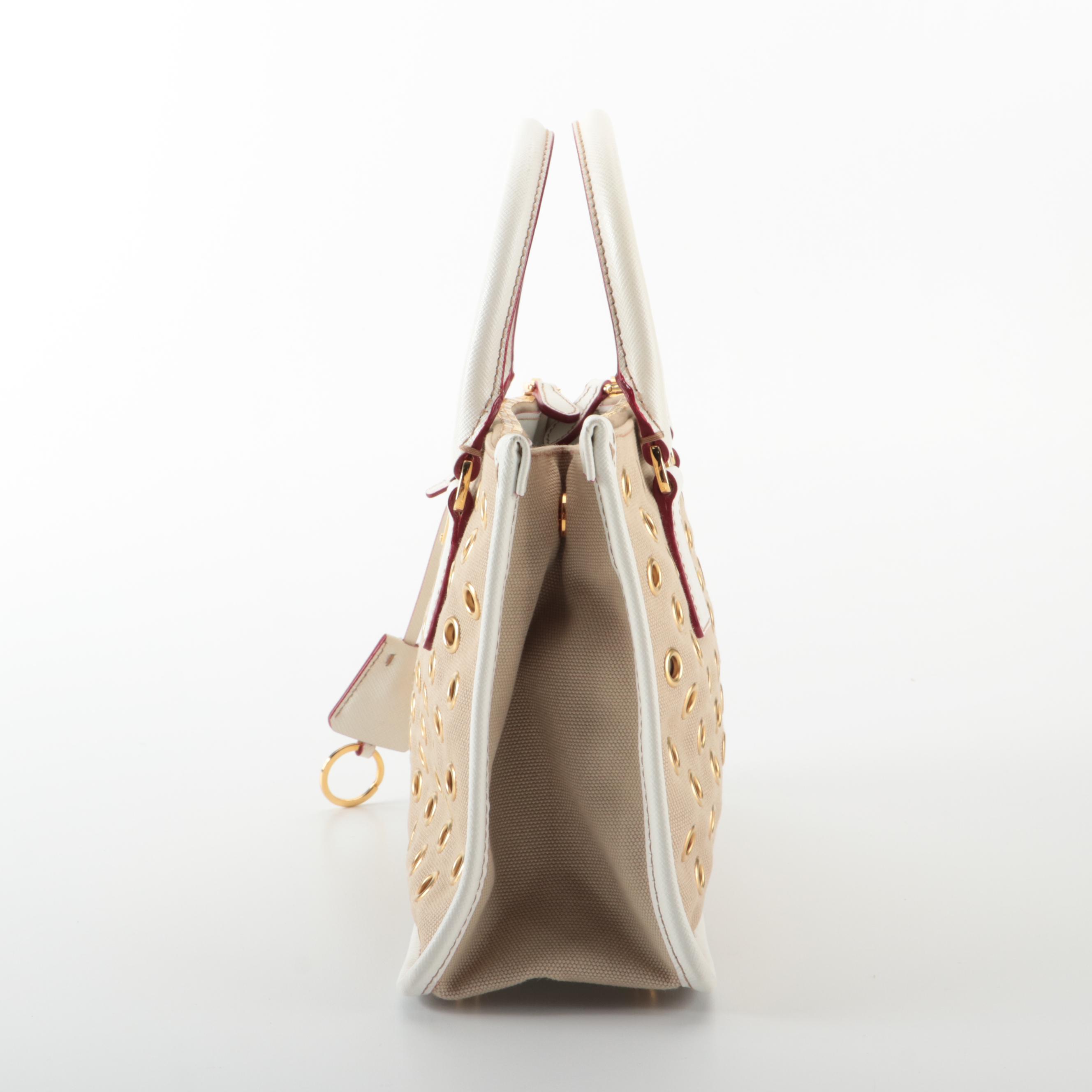 Prada Double Zip Handbag in Grommet Embellished Canvas and Saffiano Leather