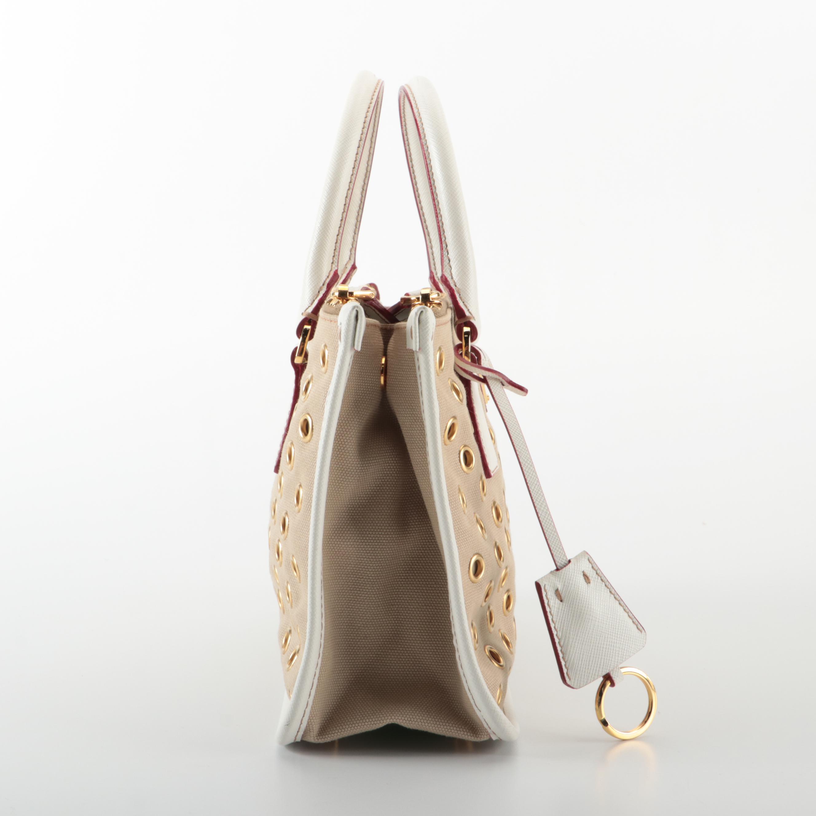 Prada Double Zip Handbag in Grommet Embellished Canvas and Saffiano Leather