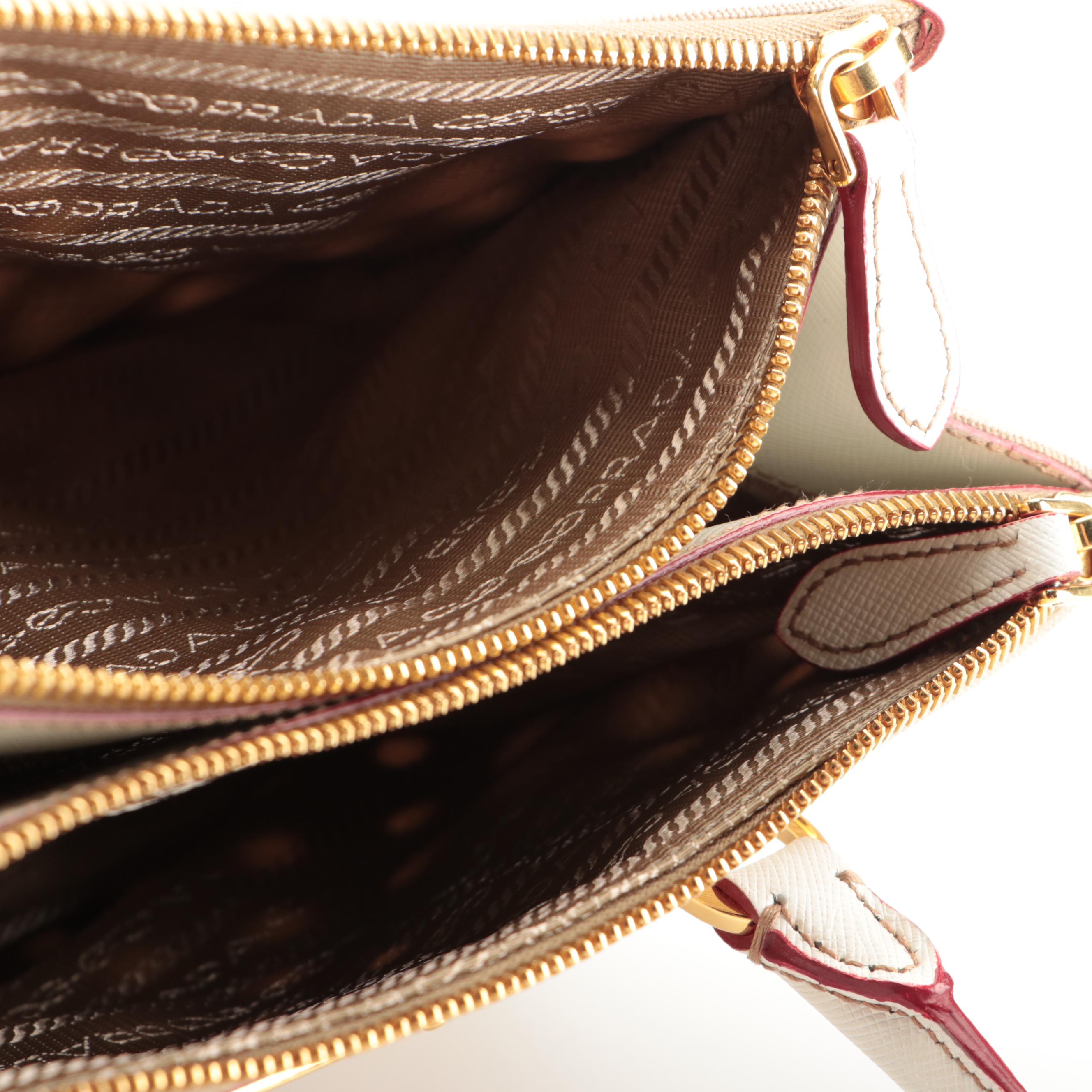 Prada Double Zip Handbag in Grommet Embellished Canvas and Saffiano Leather