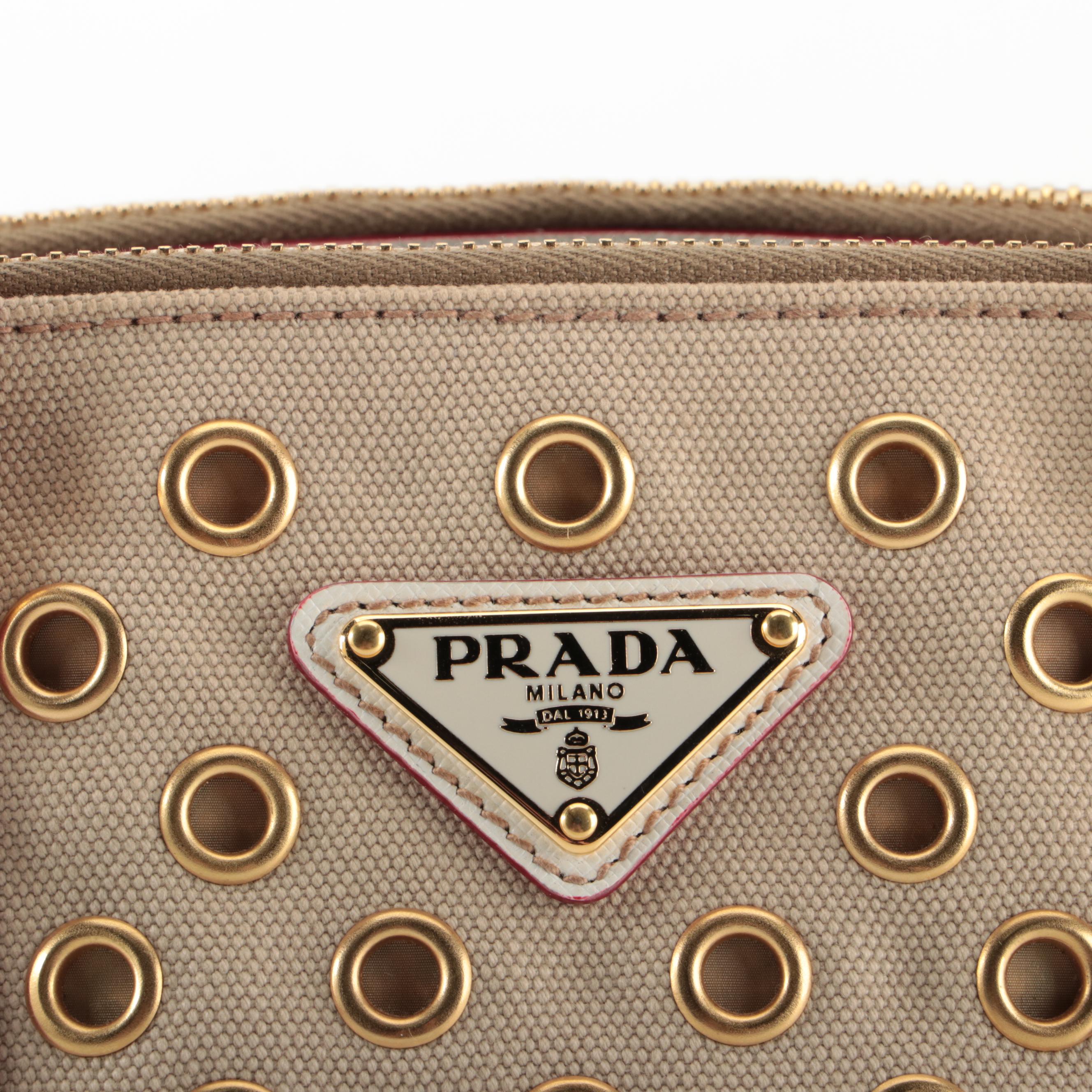 Prada Double Zip Handbag in Grommet Embellished Canvas and Saffiano Leather