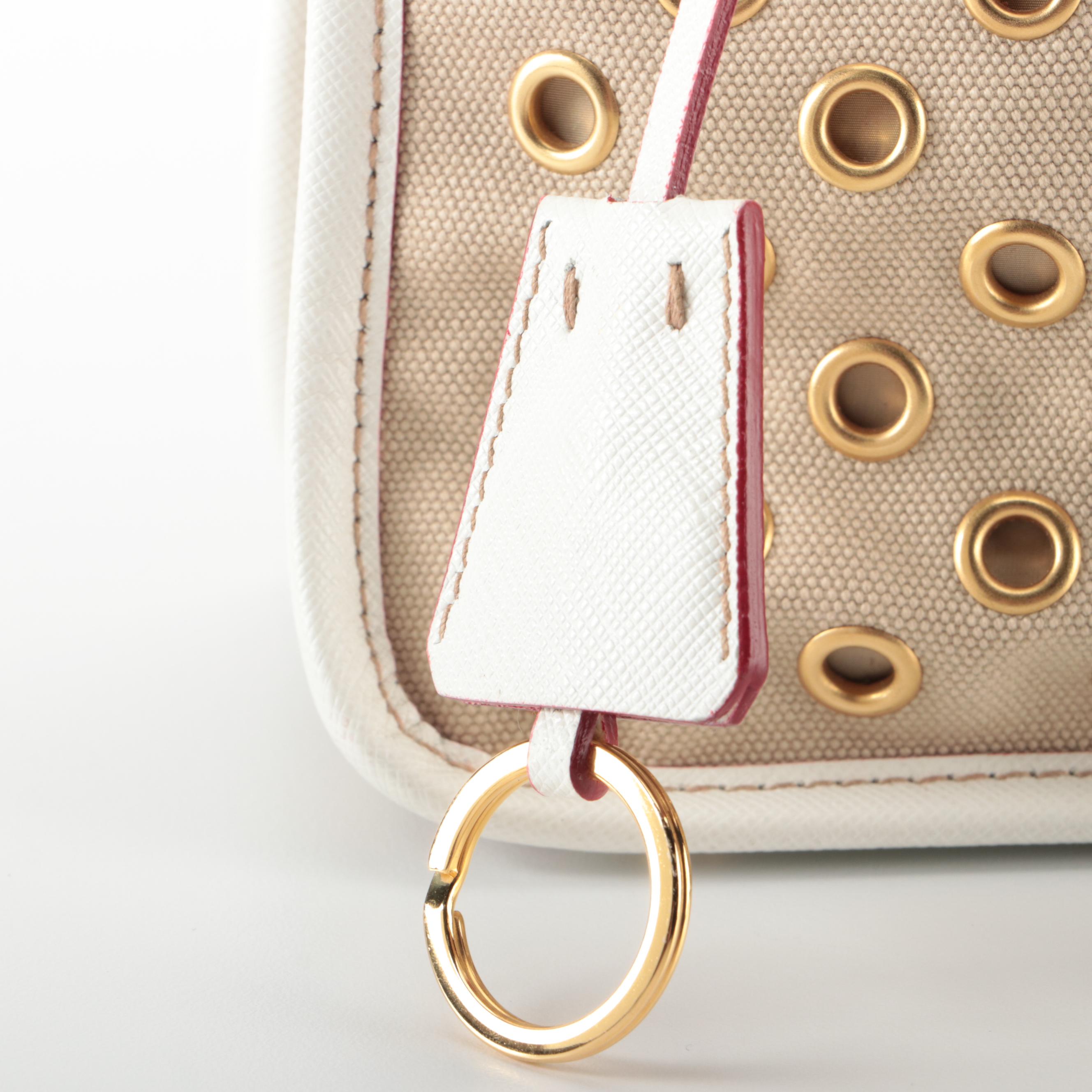 Prada Double Zip Handbag in Grommet Embellished Canvas and Saffiano Leather