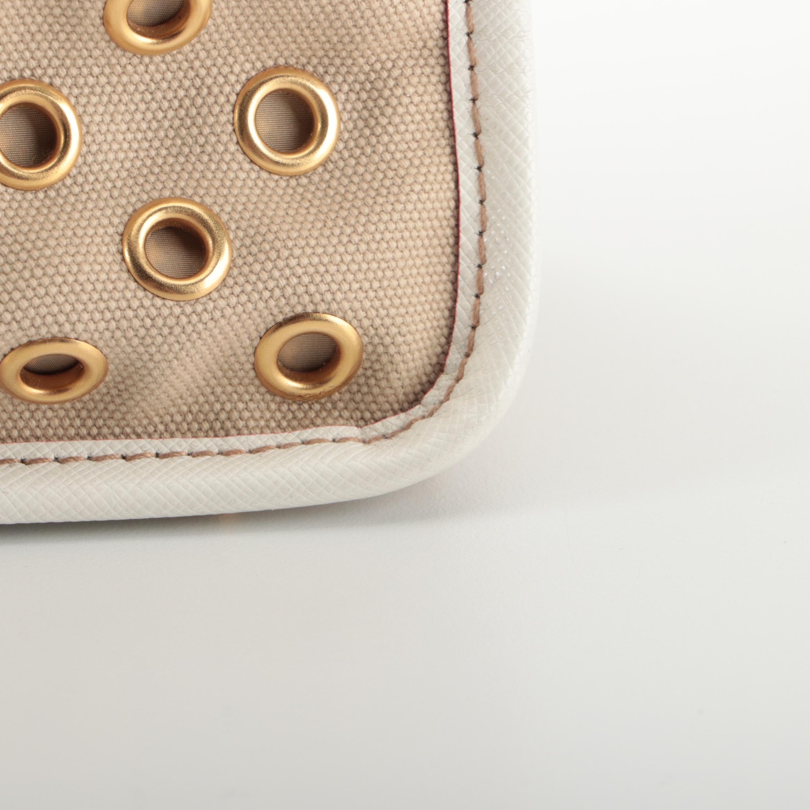 Prada Double Zip Handbag in Grommet Embellished Canvas and Saffiano Leather